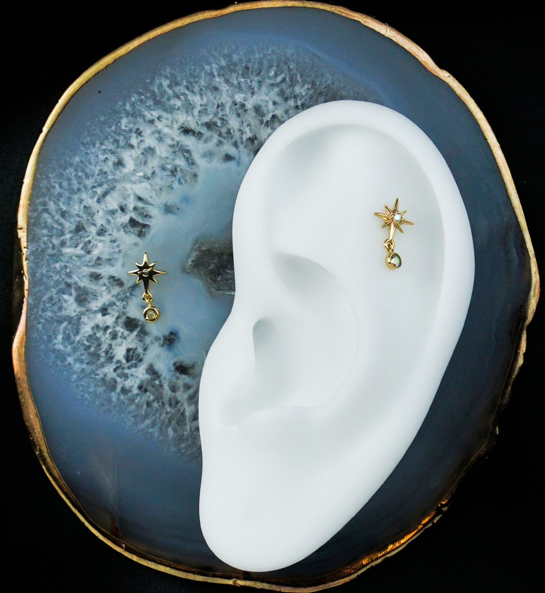 14kt Gold North Star Center Rainbow Aurora CZ Threadless Top