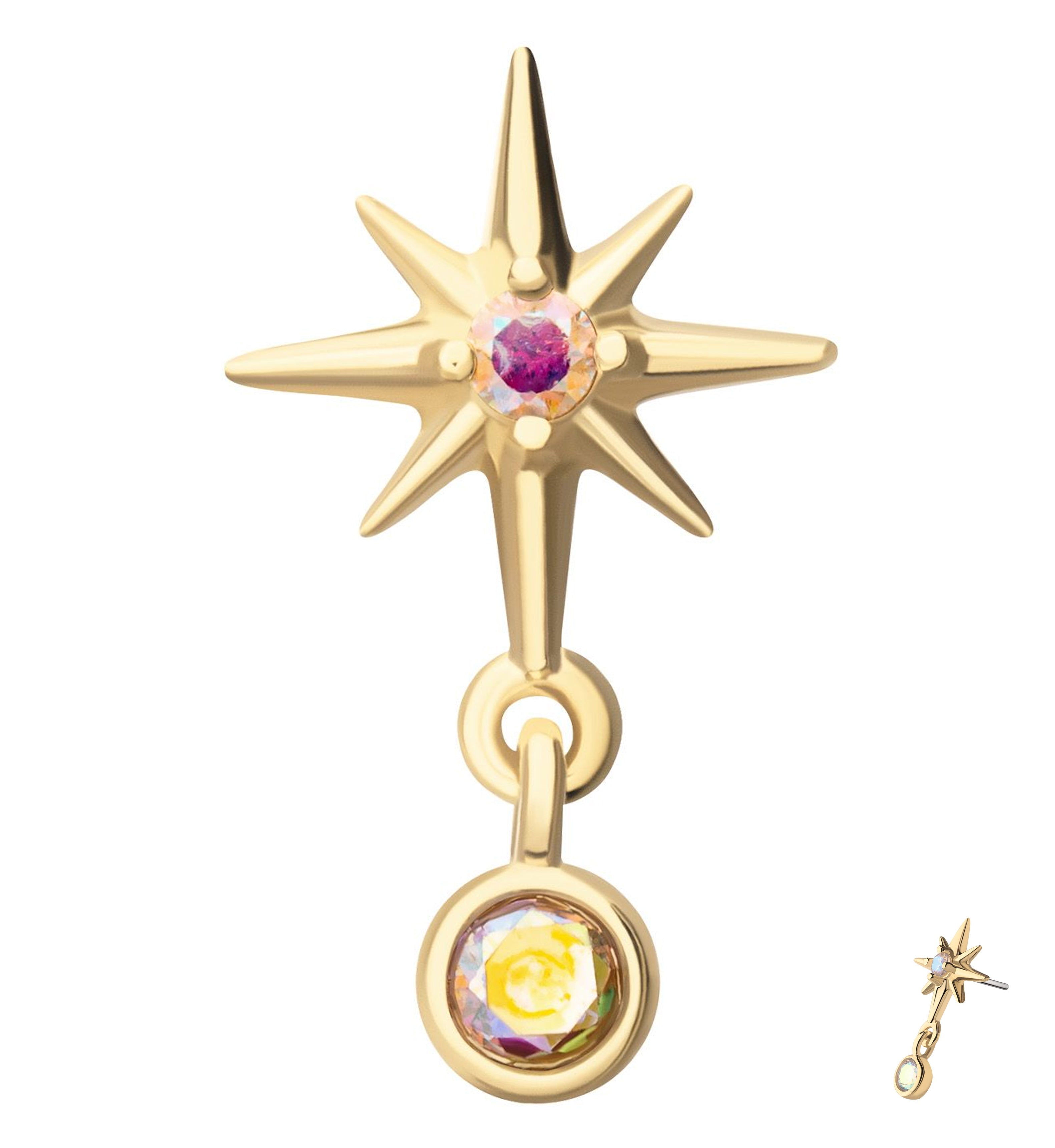 14kt Gold North Star Center Rainbow Aurora CZ Threadless Top