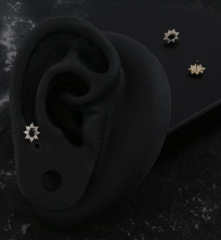 14kt Gold Oval Flower Black CZ Threadless Top