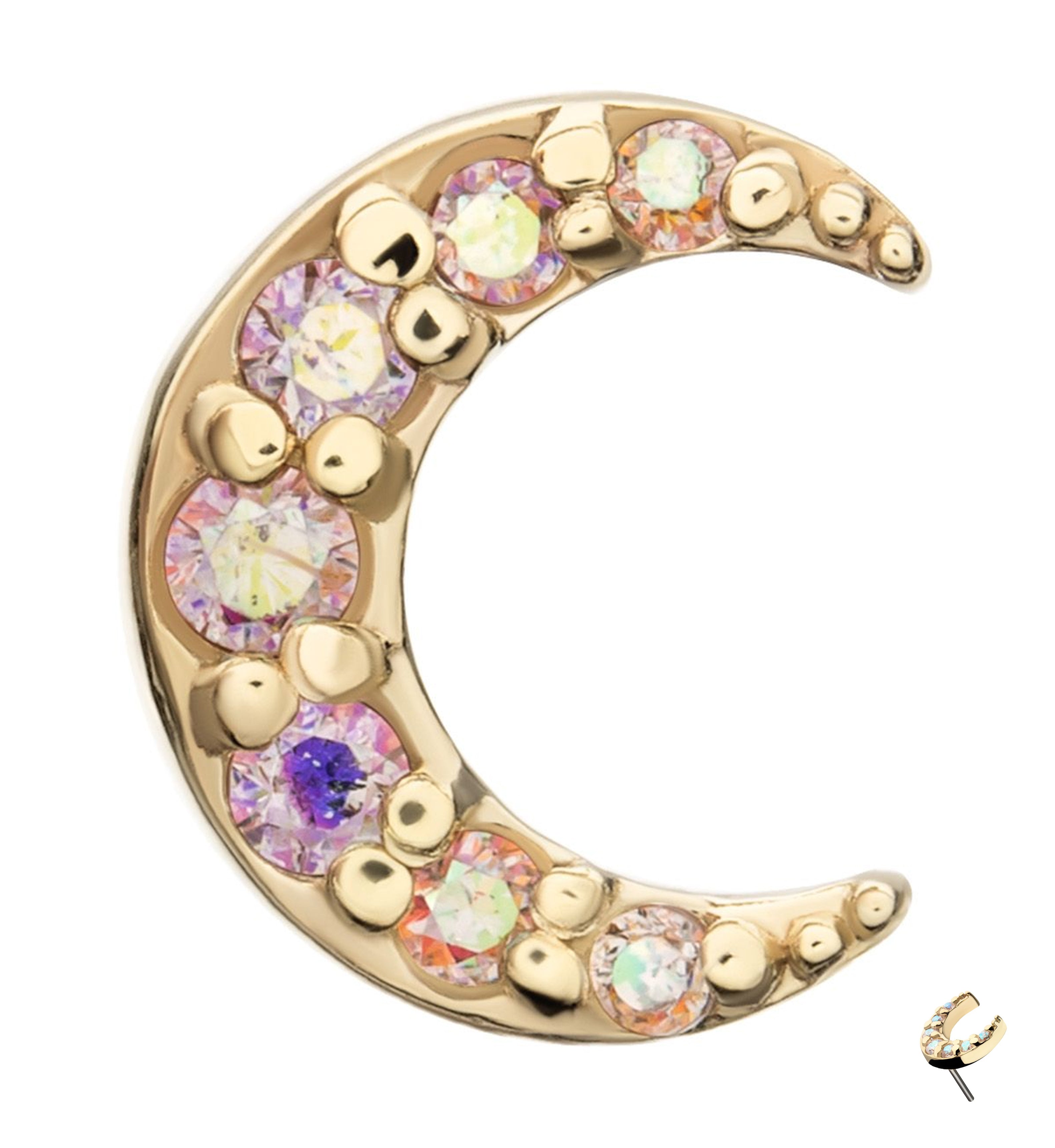 14kt Gold Pave Crescent Moon Rainbow Aurora CZ Threadless Top