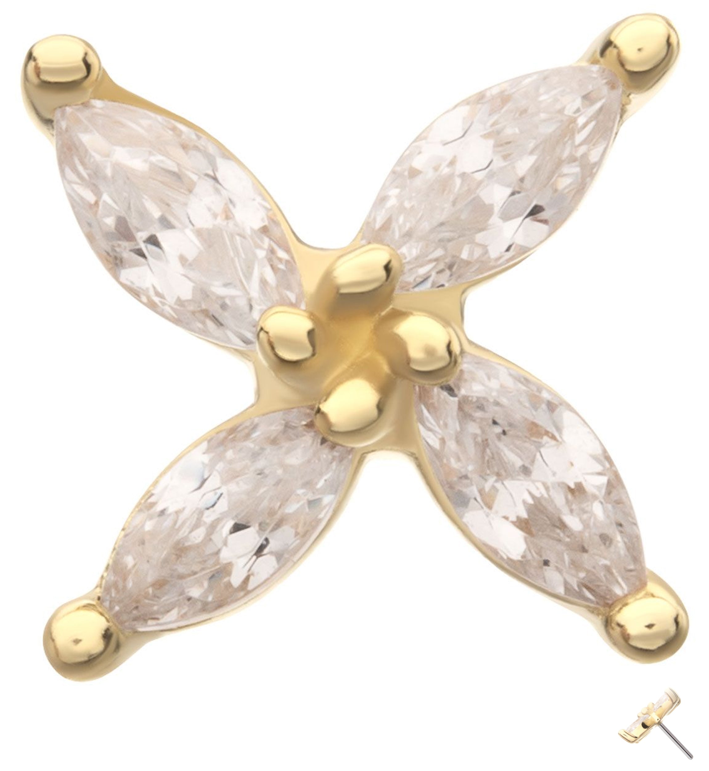 14kt Gold Pinwheel Marquise Clear CZ Threadless Top