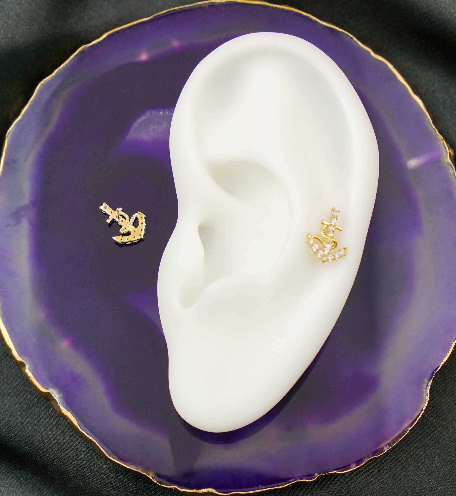 14kt Gold Rope And Anchor Clear CZ Threadless Top