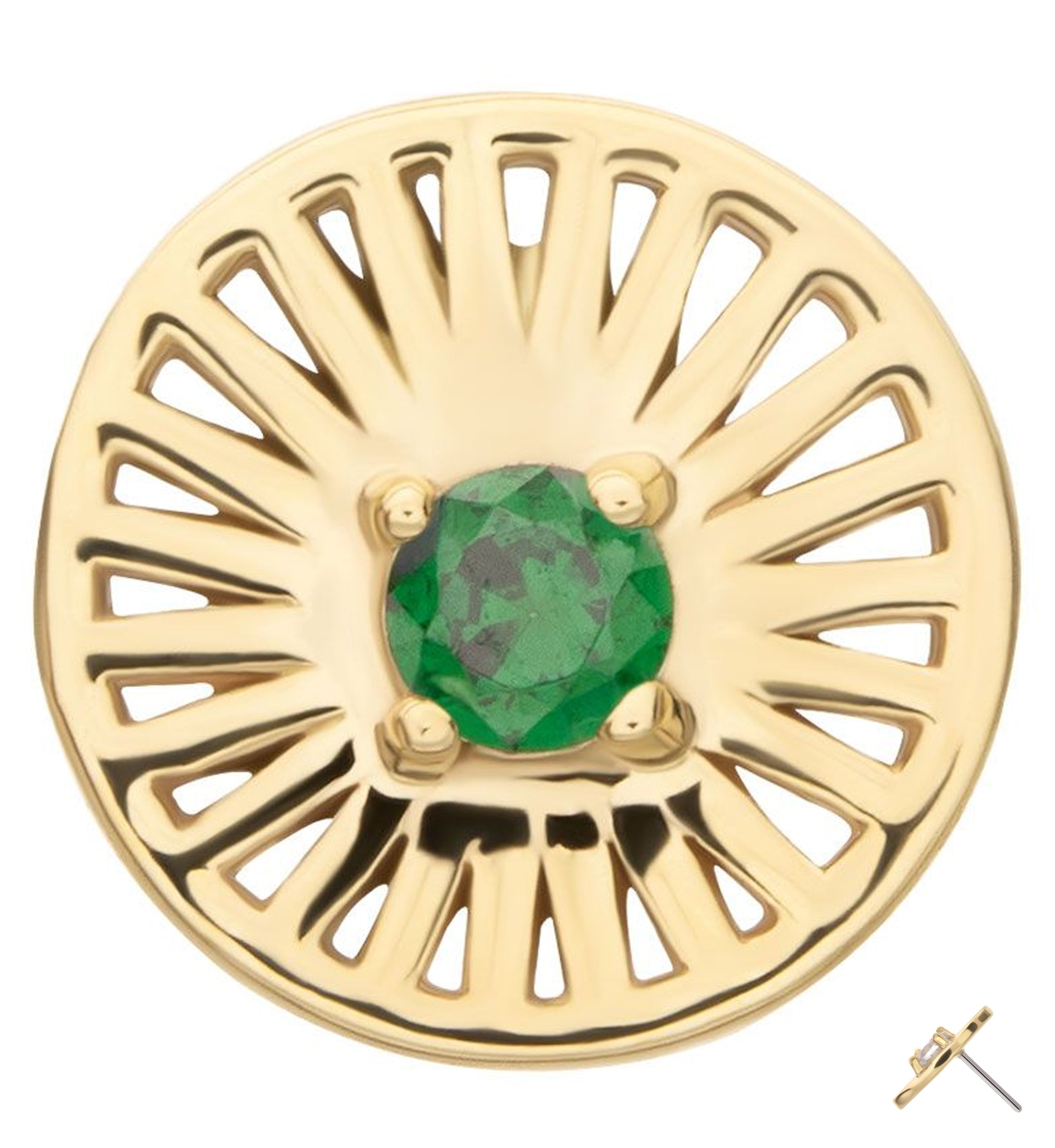 14kt Gold Round Burst Emerald CZ Threadless Top