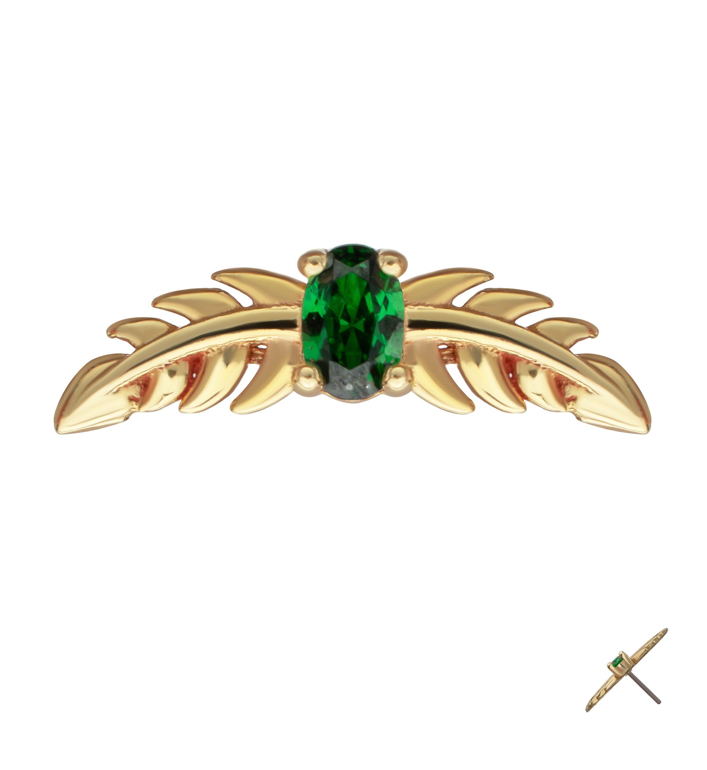 14kt Gold Royal Leaf Emerald CZ Threadless Top