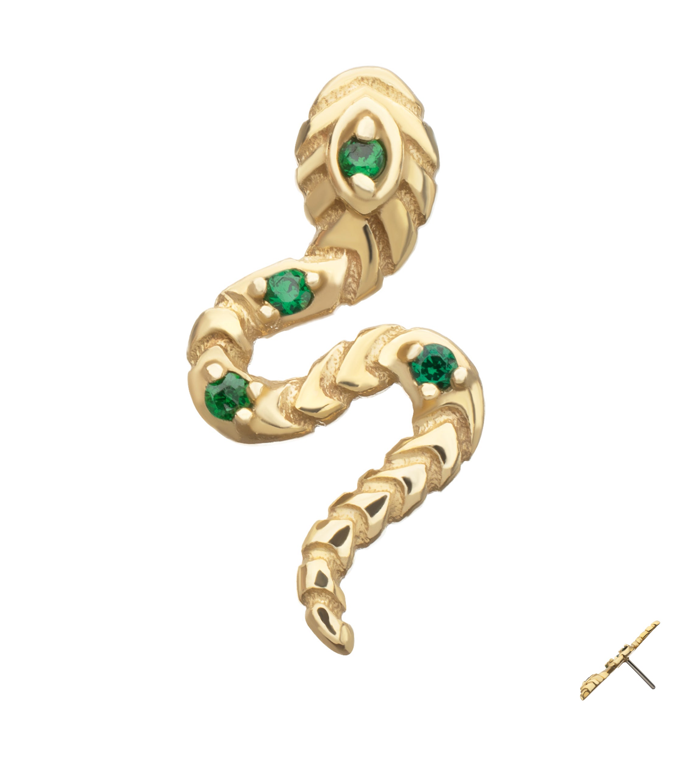14kt Gold Scaly Snake Emerald CZ Threadless Top