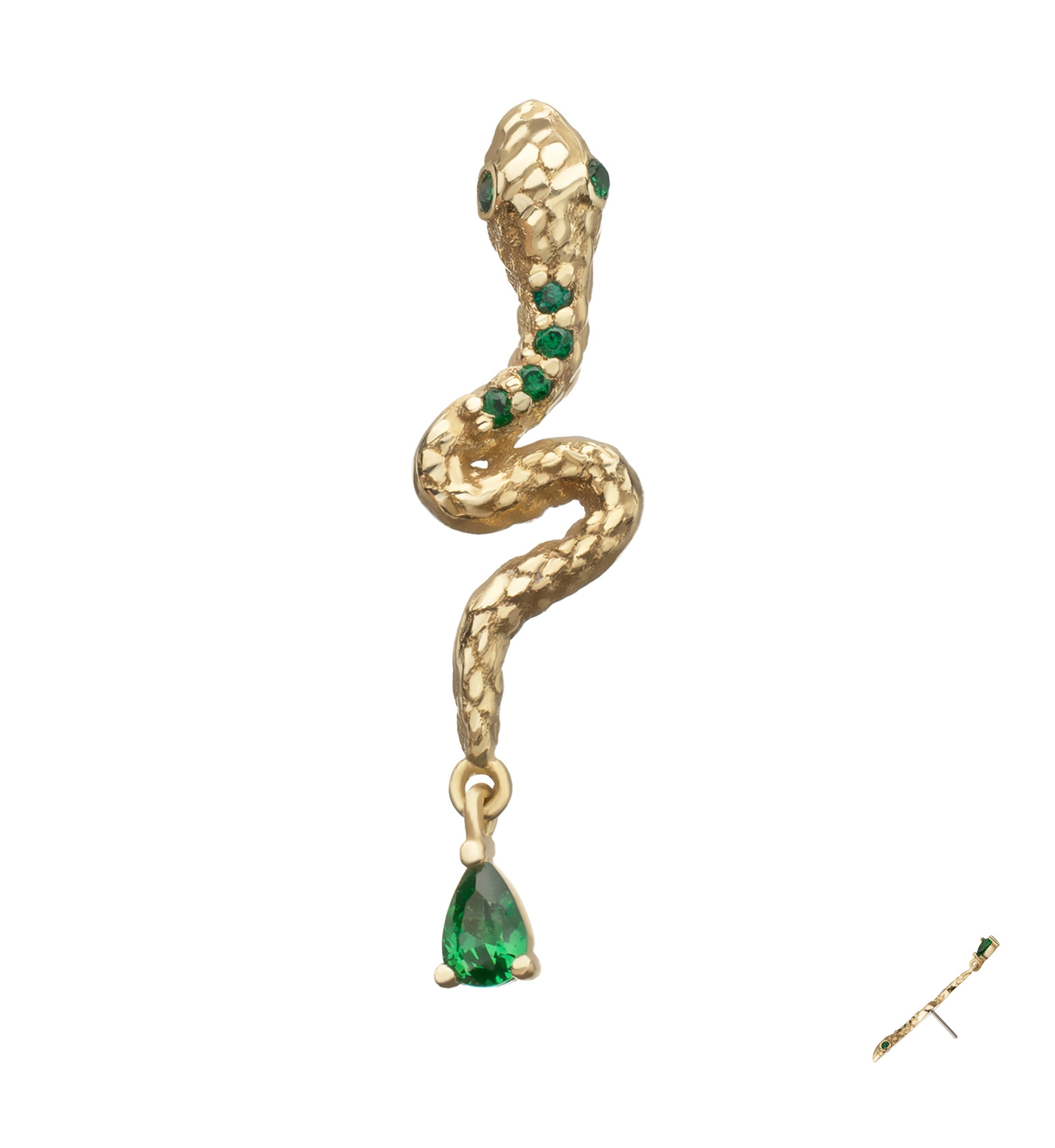 14kt Gold Scaly Snake Teardrop Dangle Emerald CZ Threadless Top
