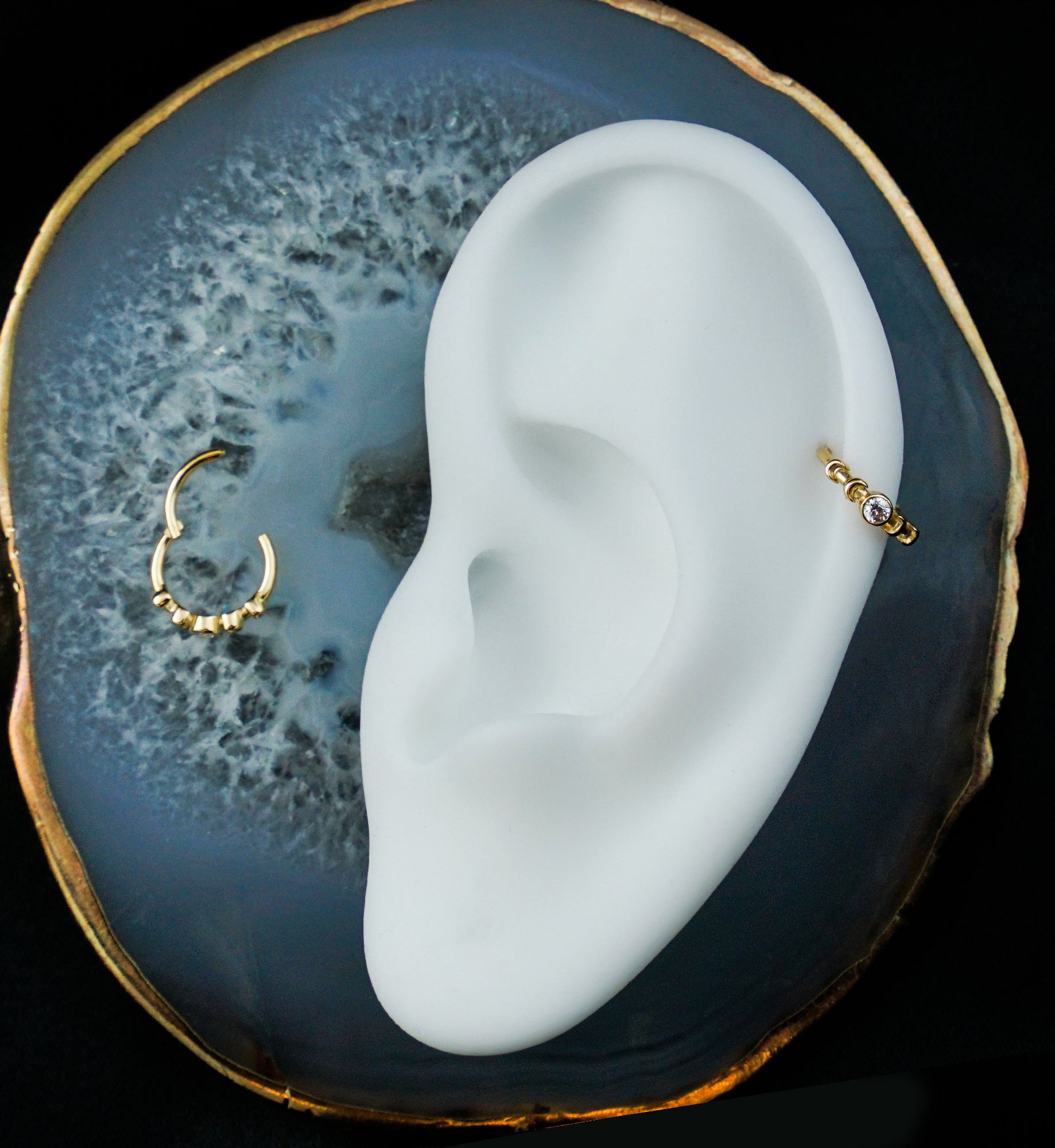 14kt Gold Small Moon Phase Clear CZ Hinged Segment Ring