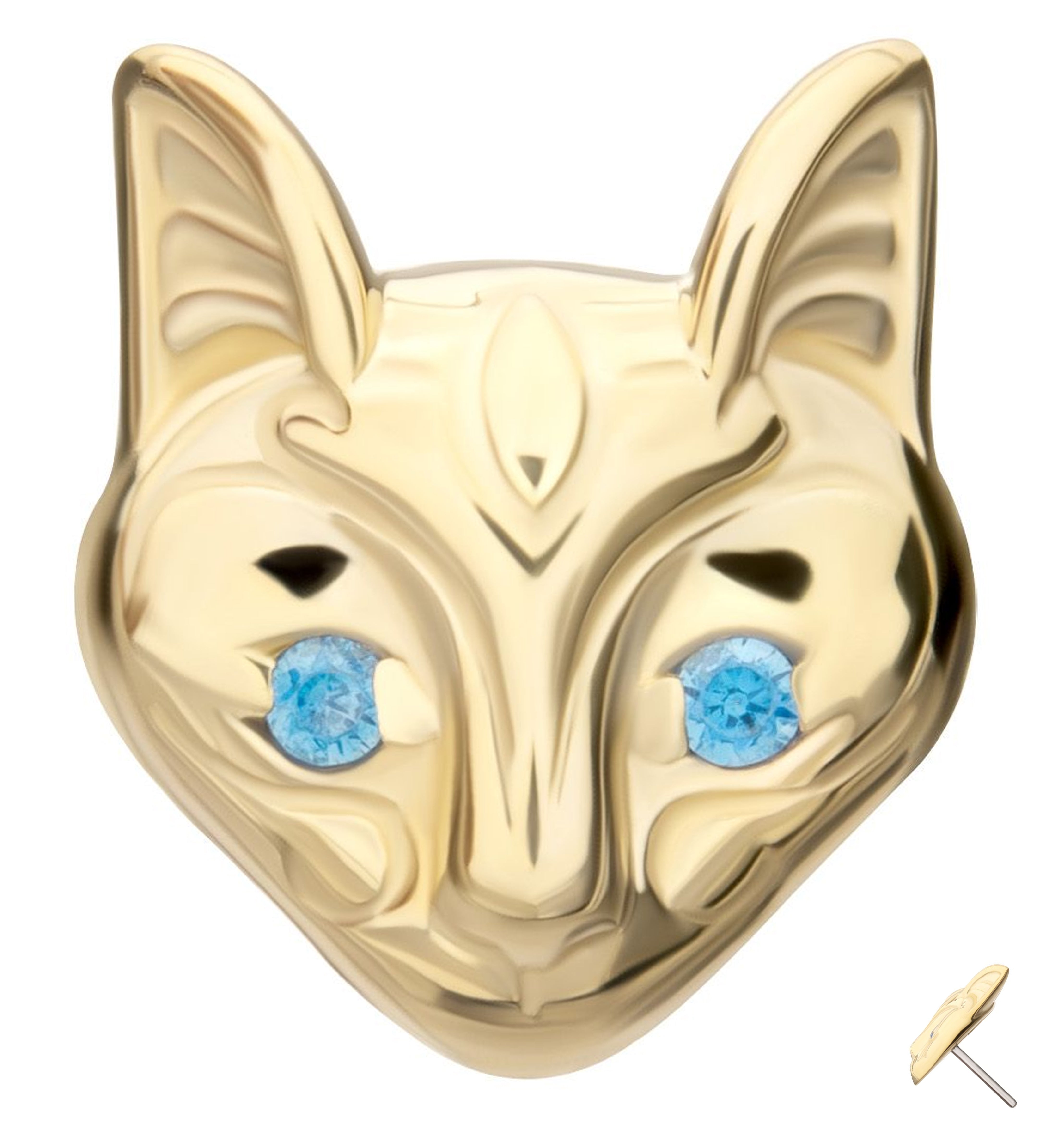 14kt Gold Sphynx Cat Head Aqua CZ Threadless Top | UrbanBodyJewelry.com