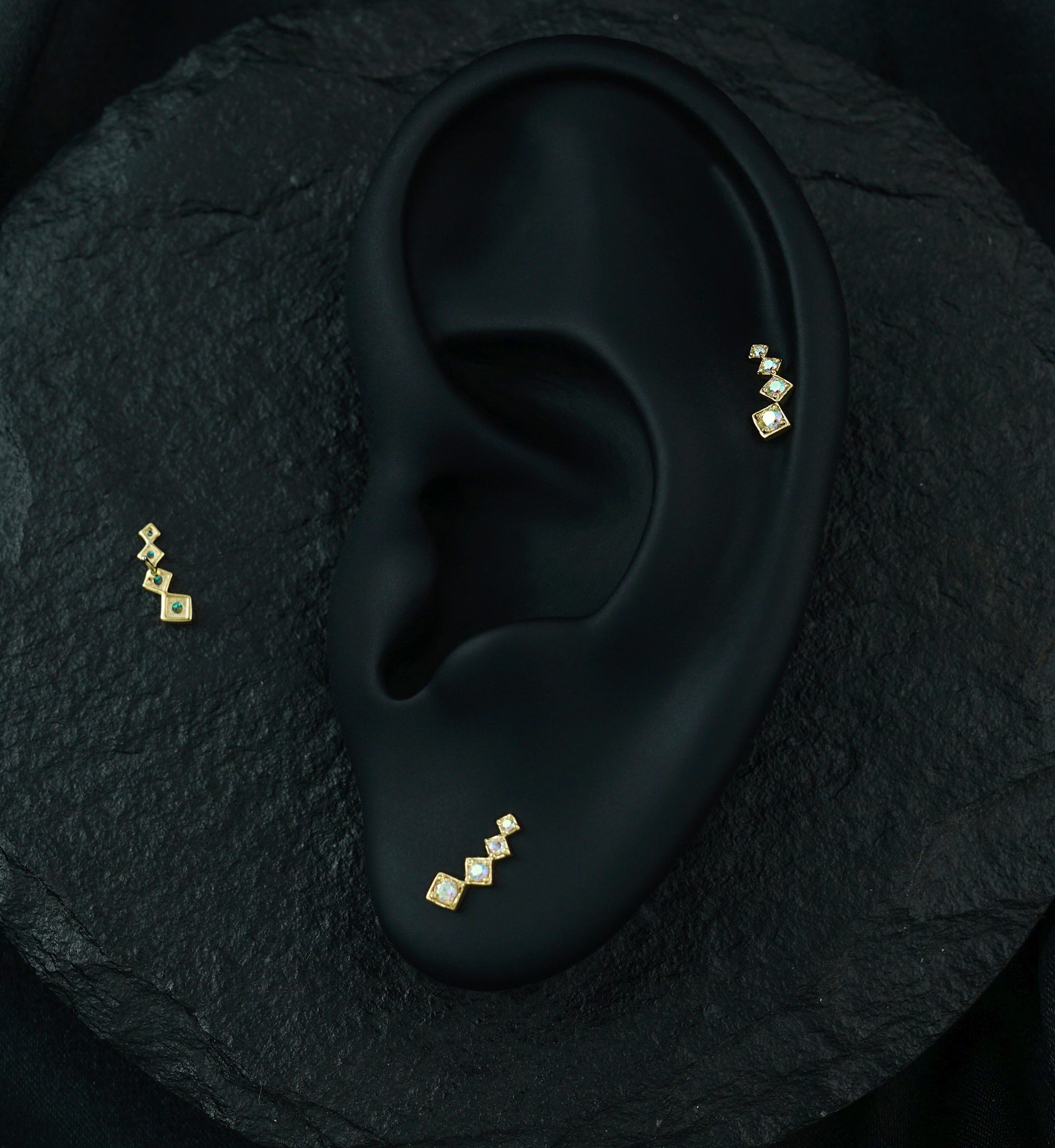 14kt Gold Square Crescendo Rainbow Aurora CZ Threadless Top