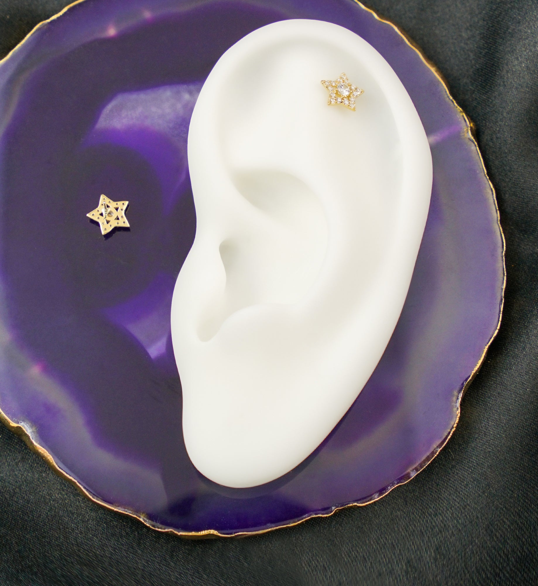 14kt Gold Star Outline Clear CZ Threadless Top