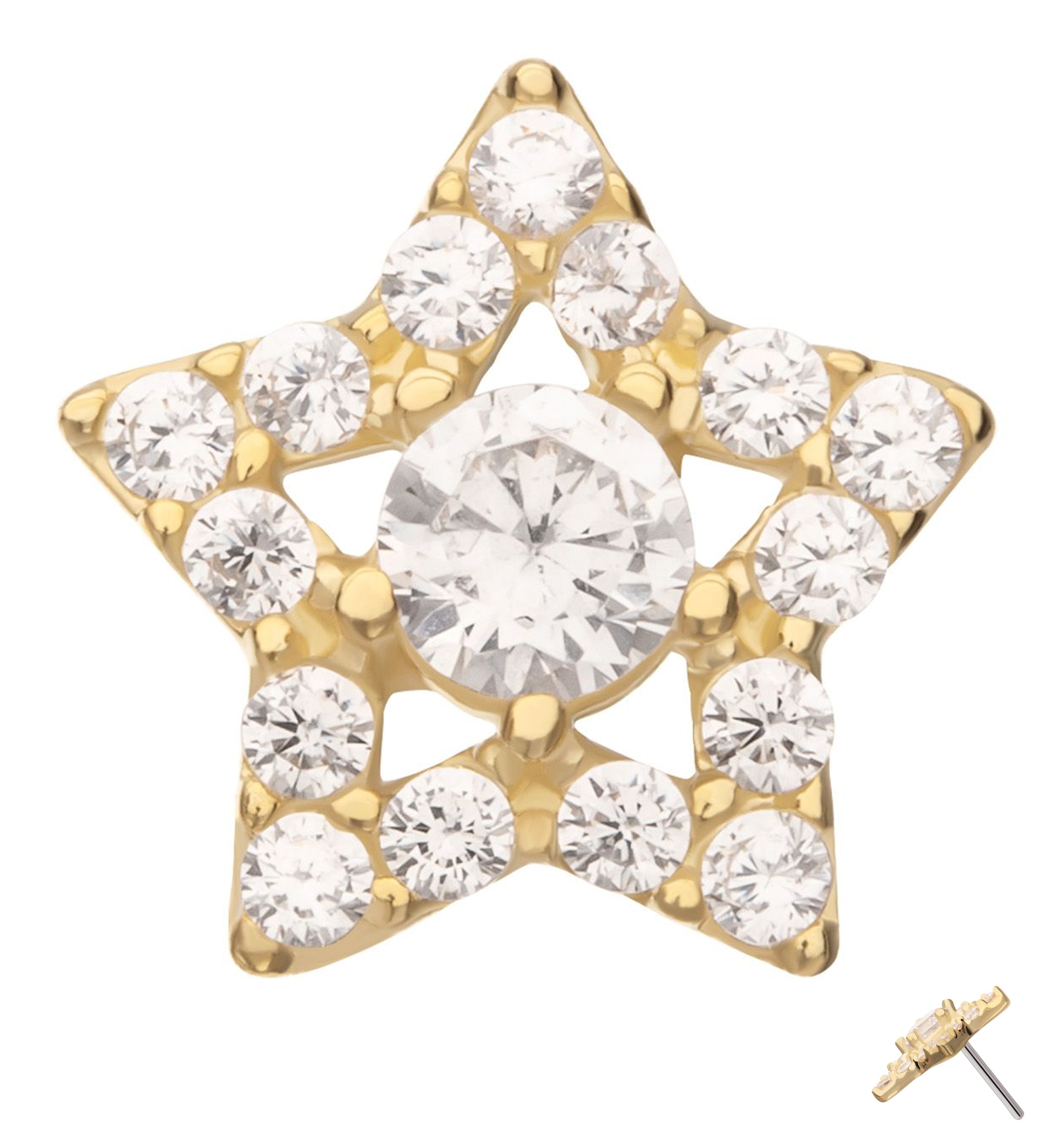14kt Gold Star Outline Clear CZ Threadless Top