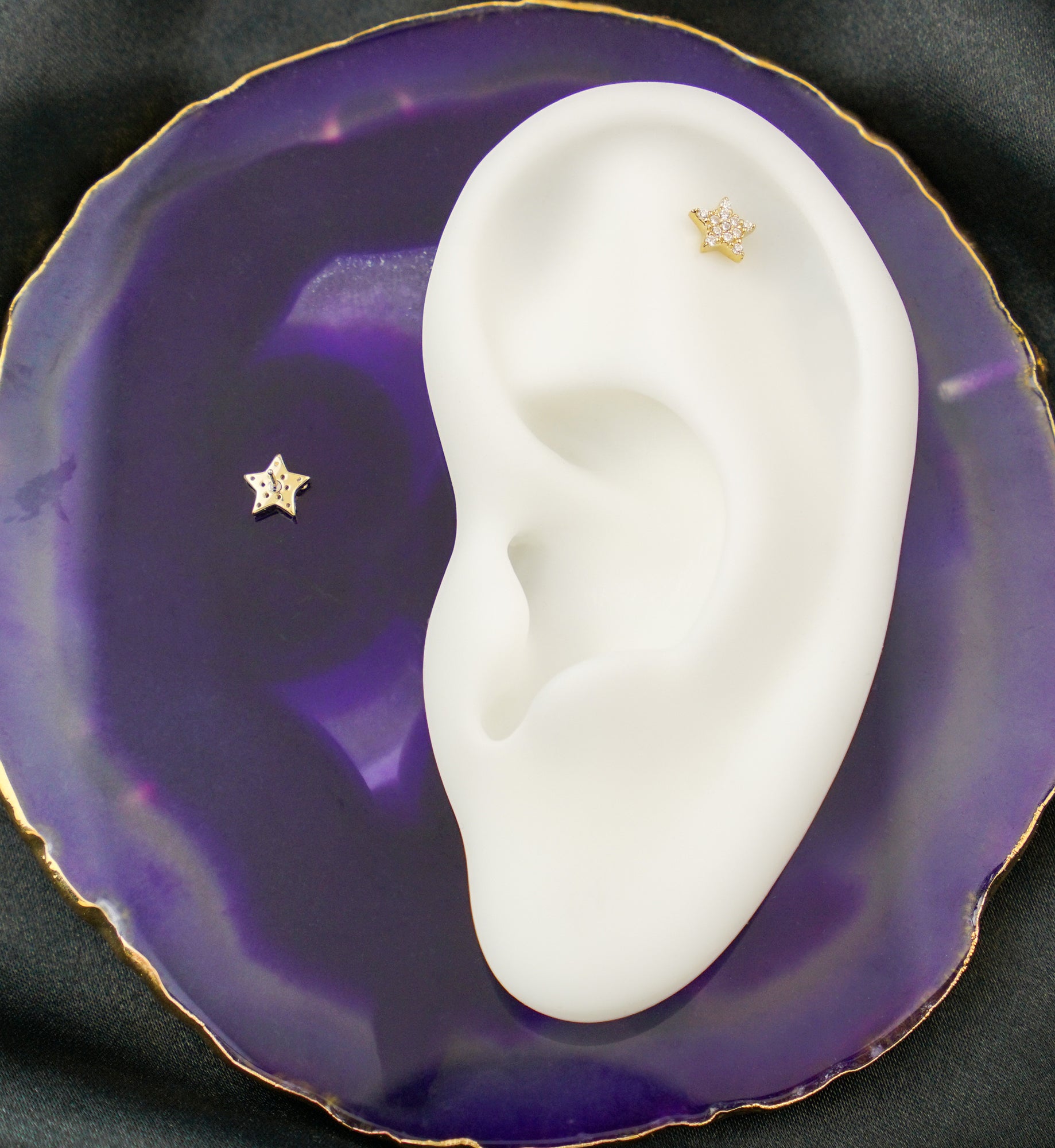 14kt Gold Star Pave Clear CZ Threadless Top