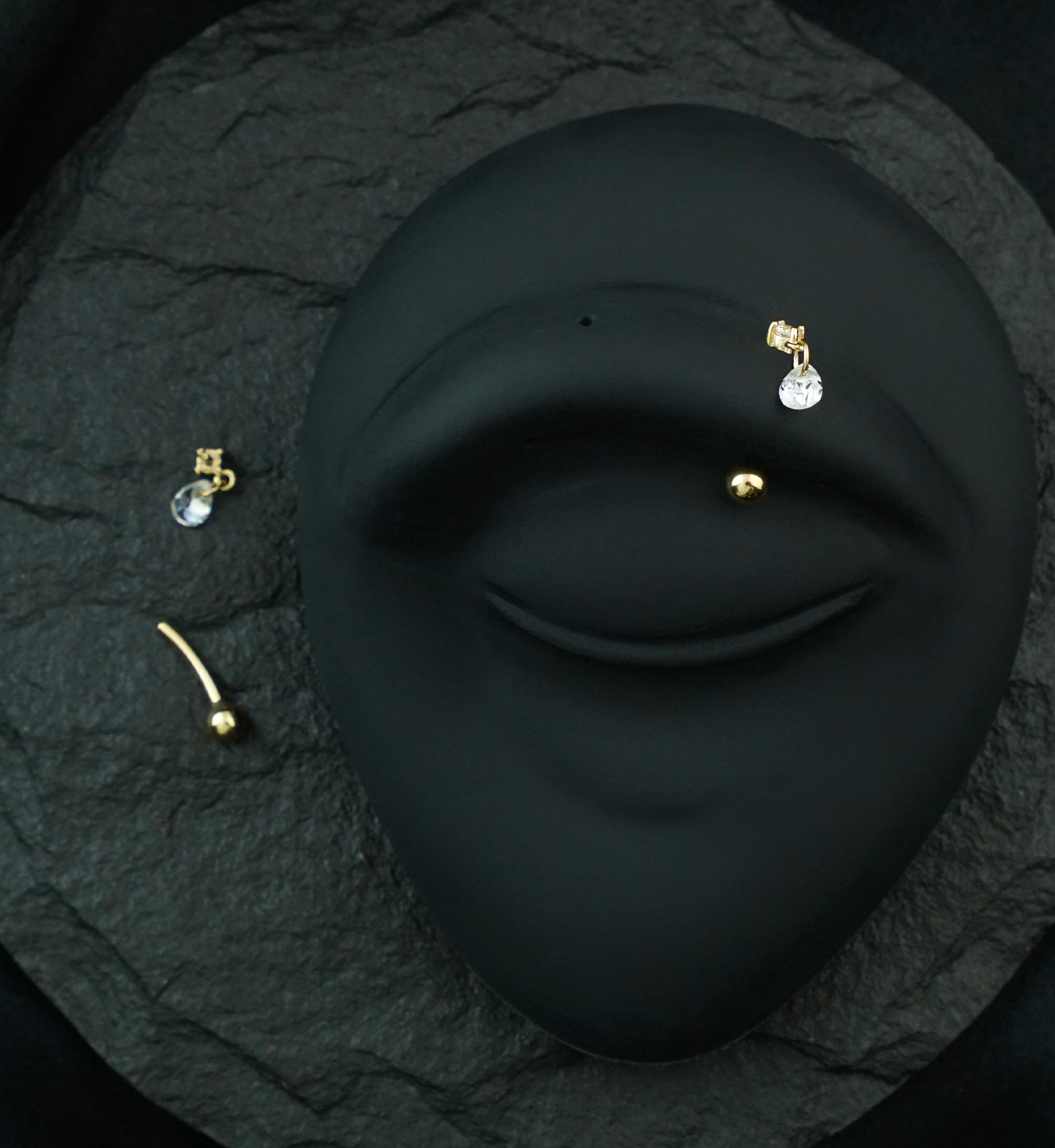 14kt Gold Teardrop Dangle Clear CZ Threadless Curved Barbell