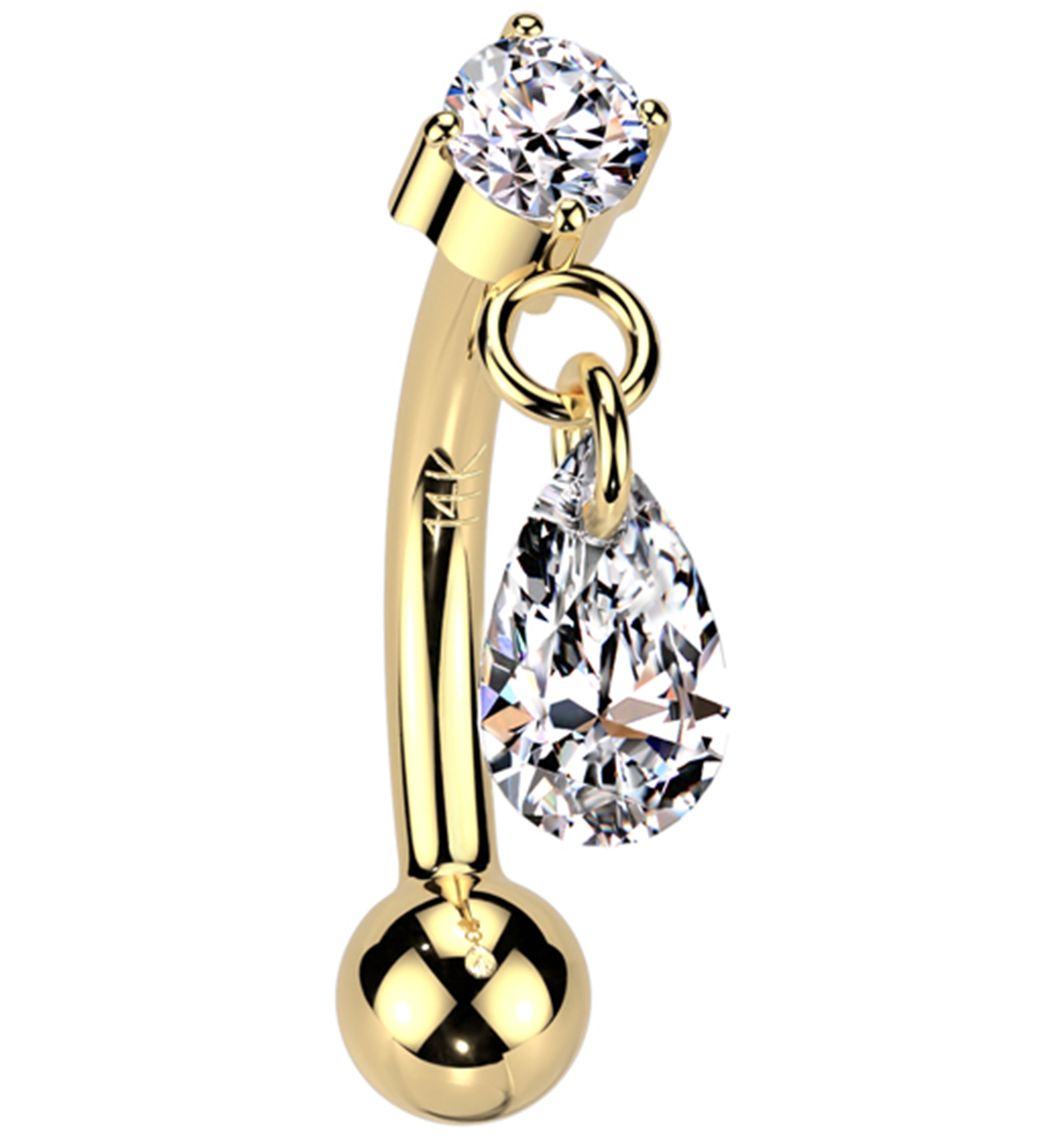 14kt Gold Teardrop Dangle Clear CZ Threadless Curved Barbell