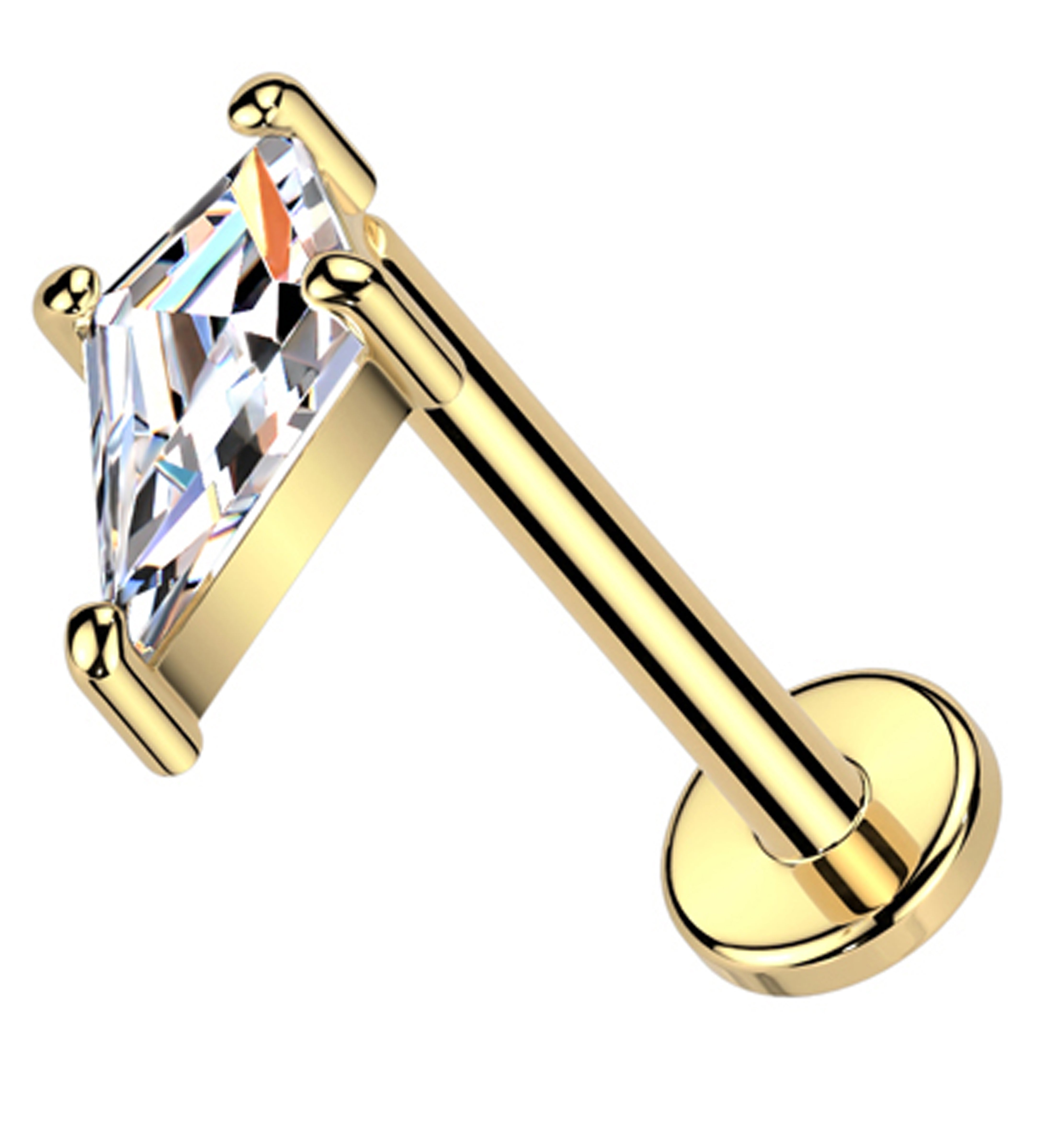 14kt Gold Tetra Clear CZ Flat Disk Threadless Labret