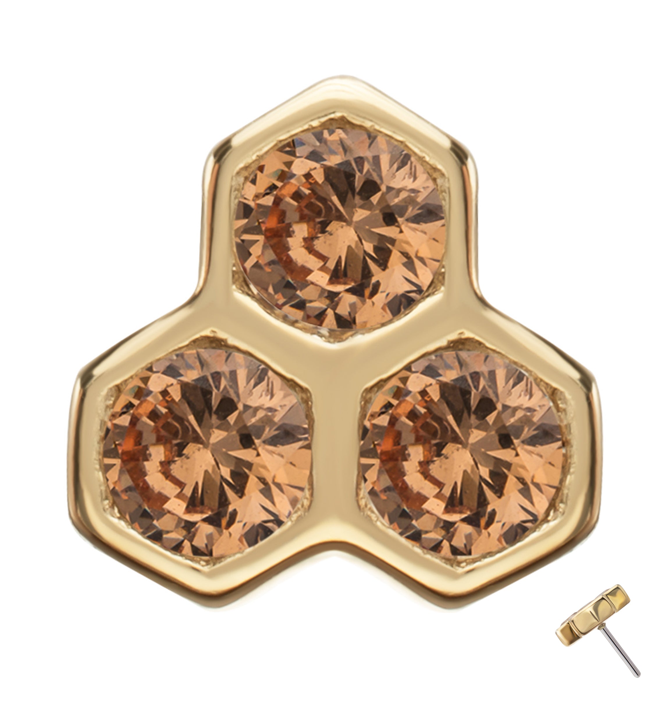 14kt Gold Tri Honeycomb Champagne CZ Threadless Top