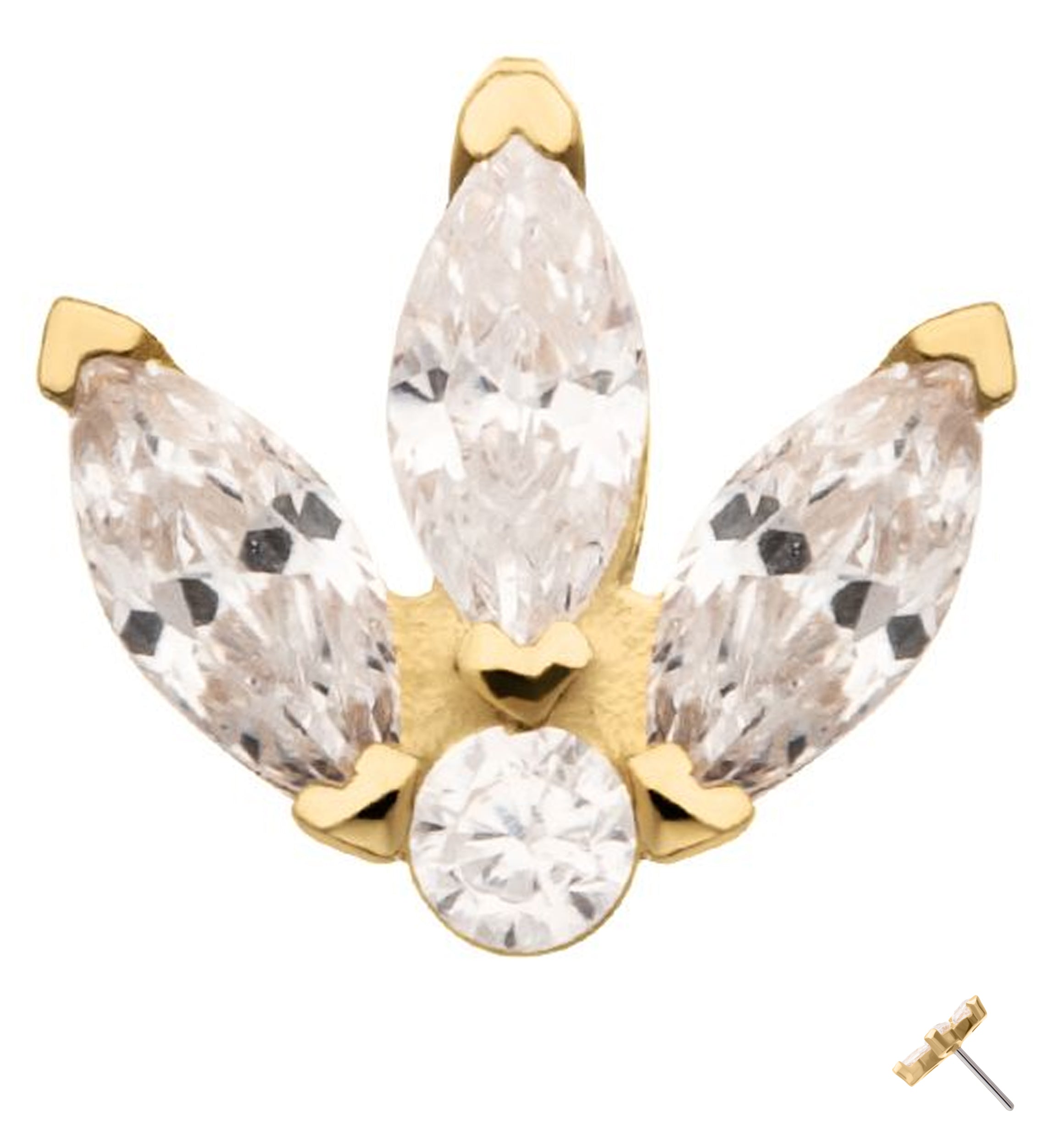 14kt Gold Tri Sepal Clear CZ Threadless Top