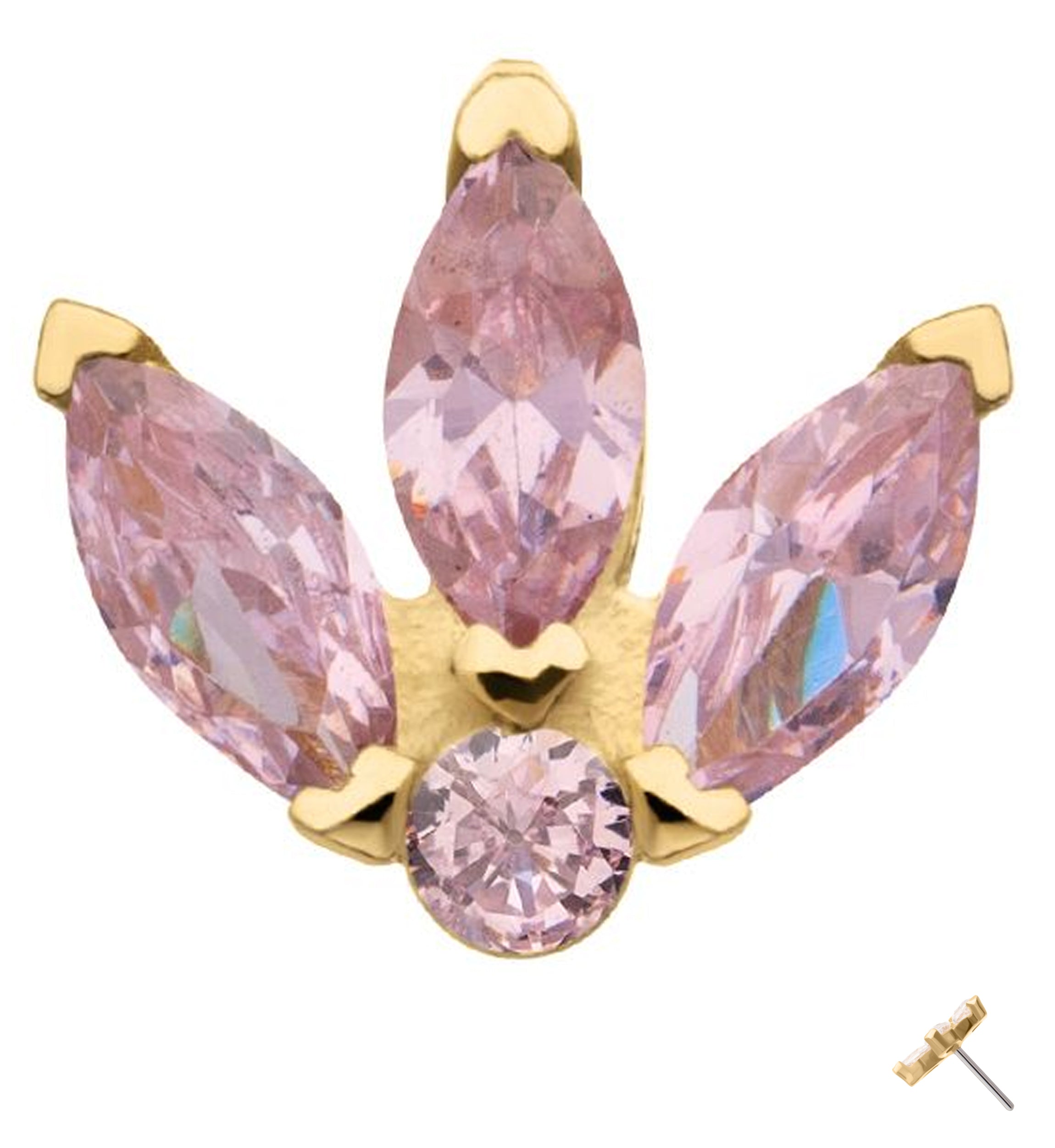 14kt Gold Tri Sepal Pink CZ Threadless Top