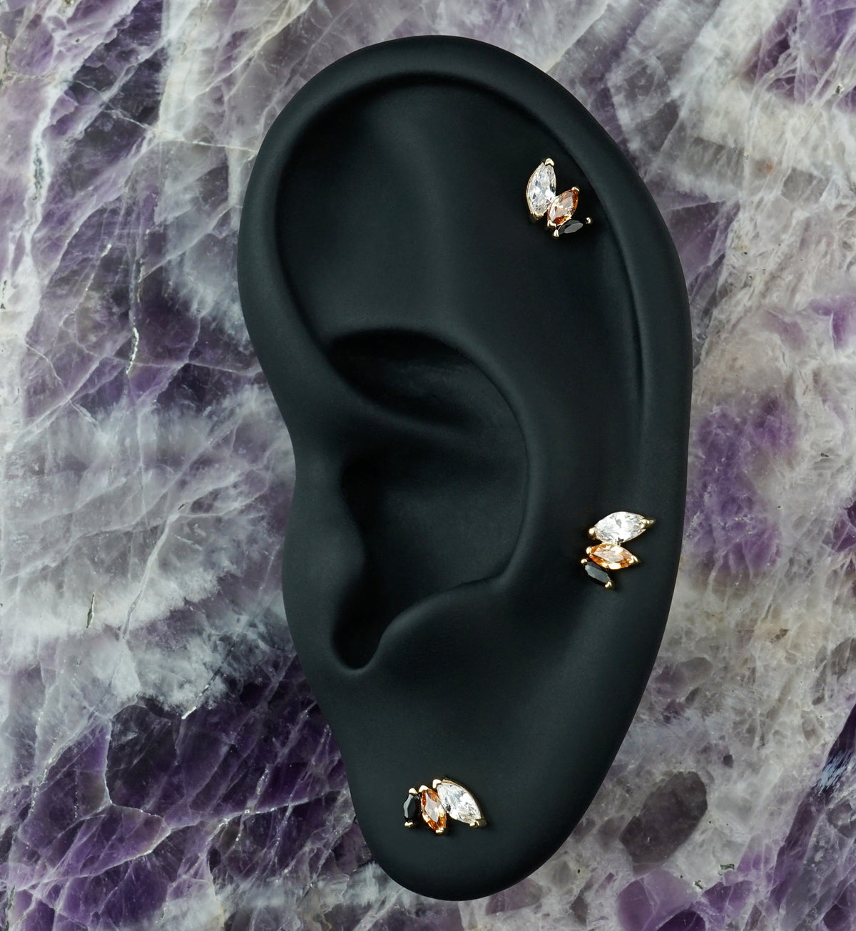 14kt Gold Triple Marquise Champagne CZ Threadless Top