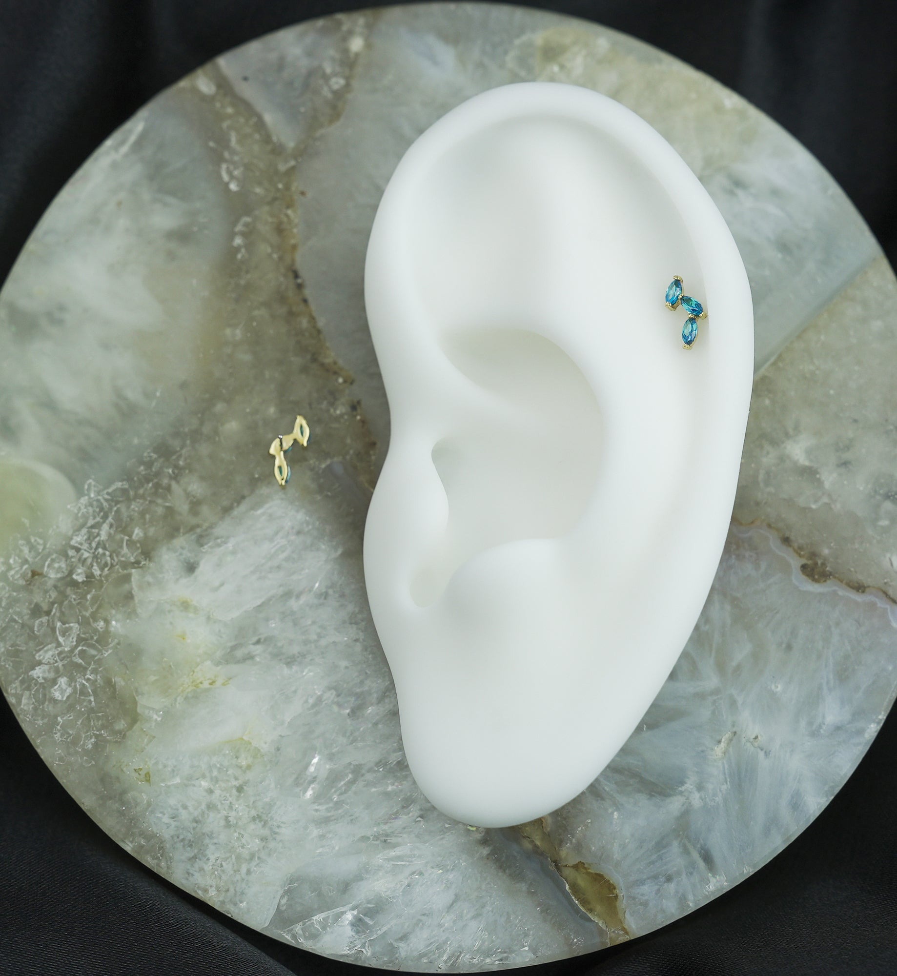 14kt Gold Triple Marquise Vine Blue Topaz CZ Threadless Top