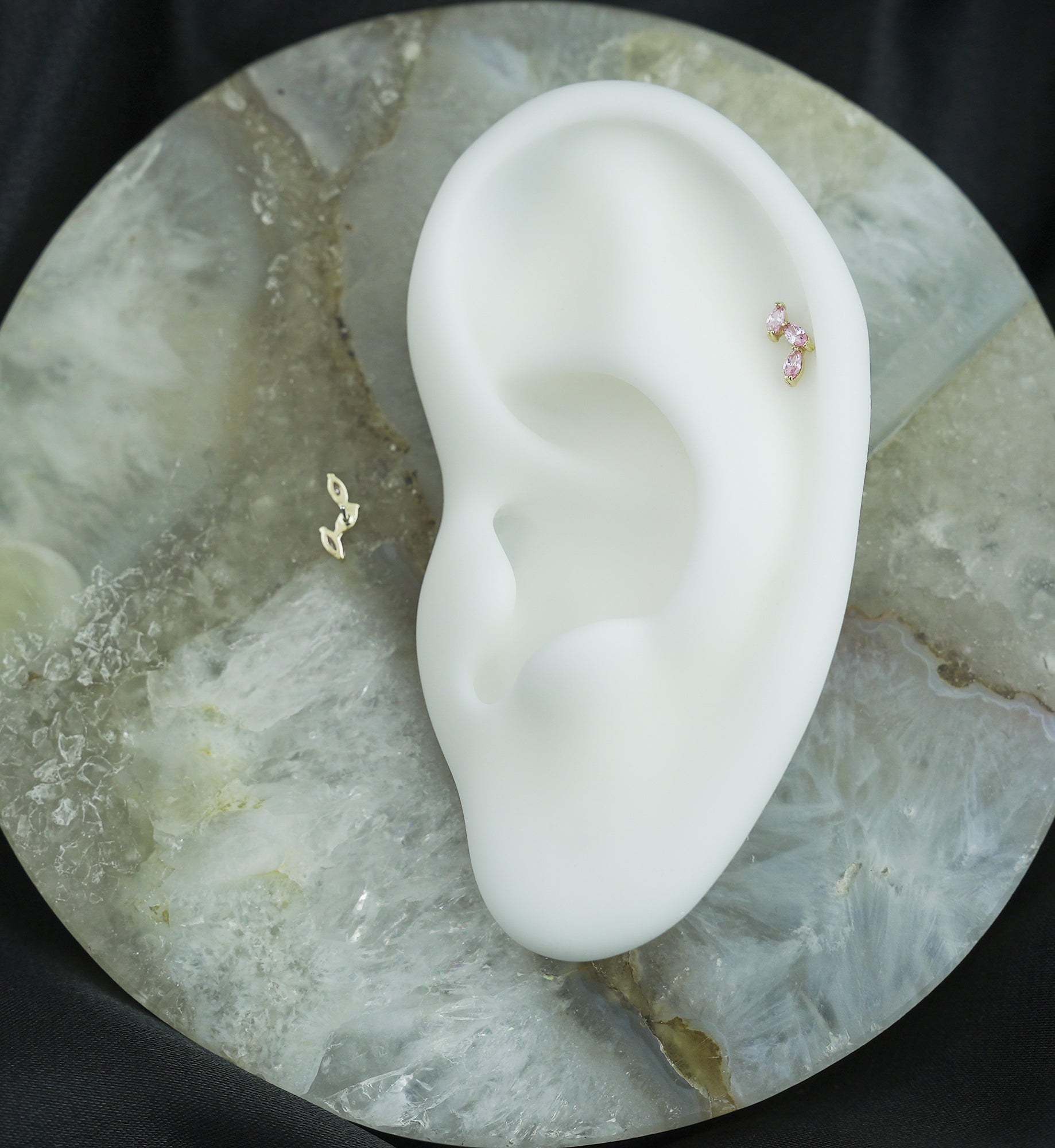 14kt Gold Triple Marquise Vine Light Pink CZ Threadless Top