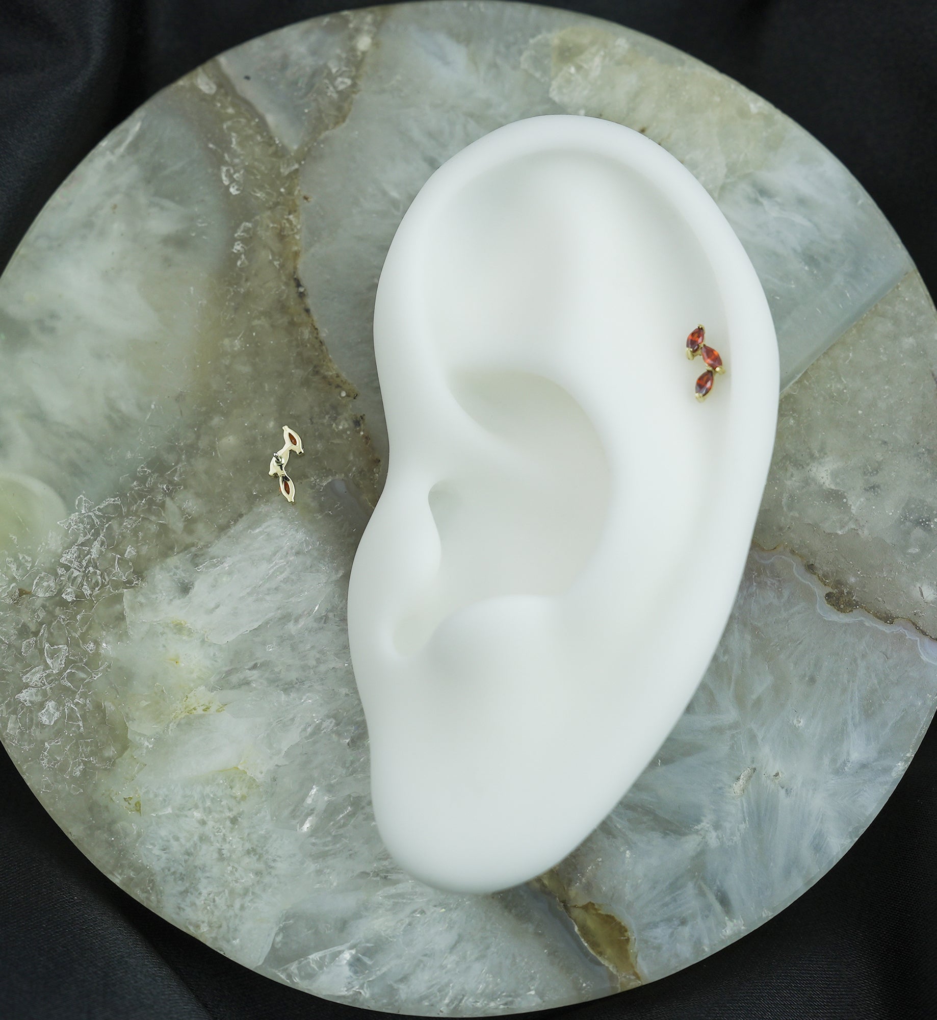 14kt Gold Triple Marquise Vine Red CZ Threadless Top