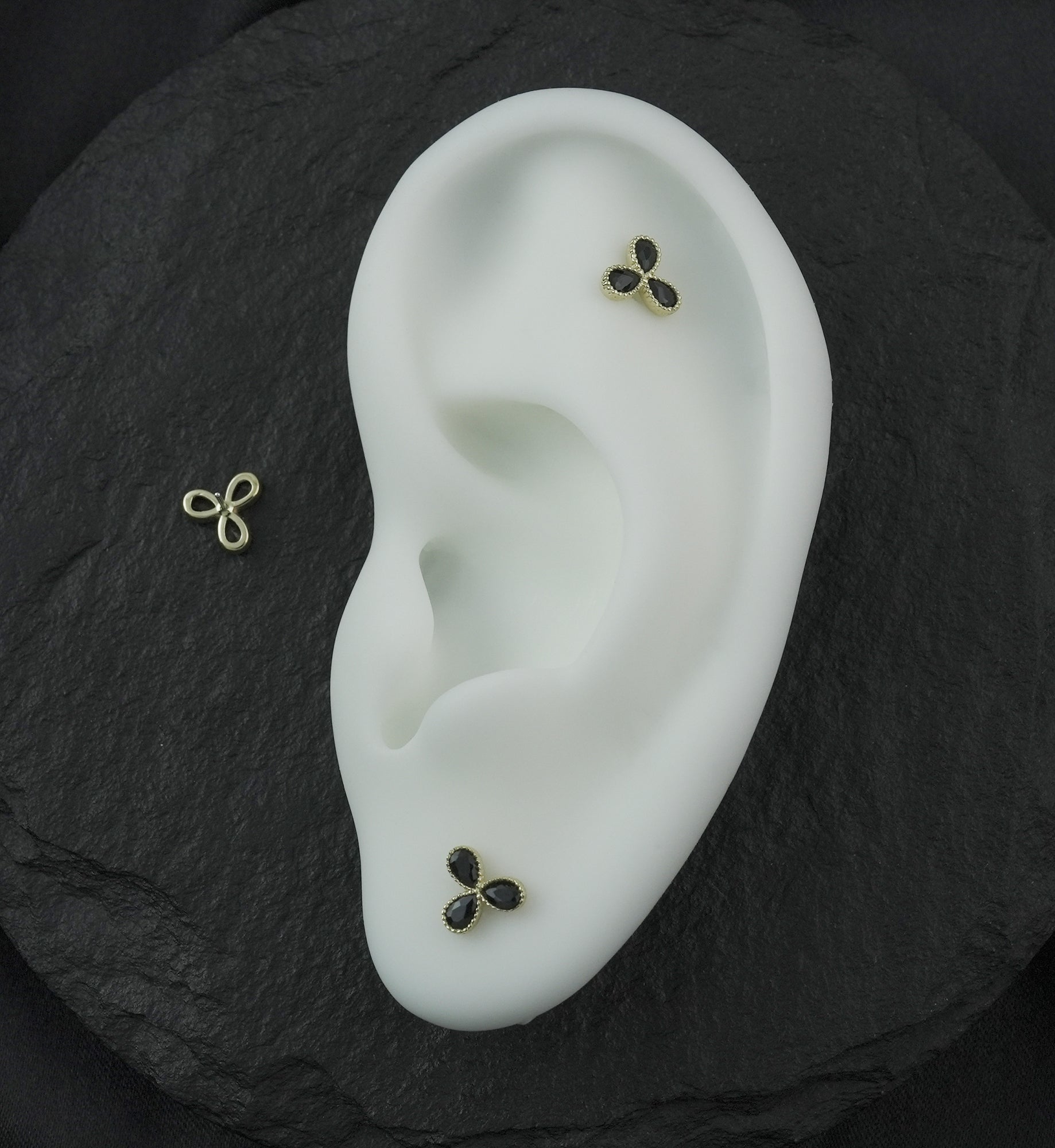 14kt Gold Triple Milgrain Teardrop Black CZ Threadless Top