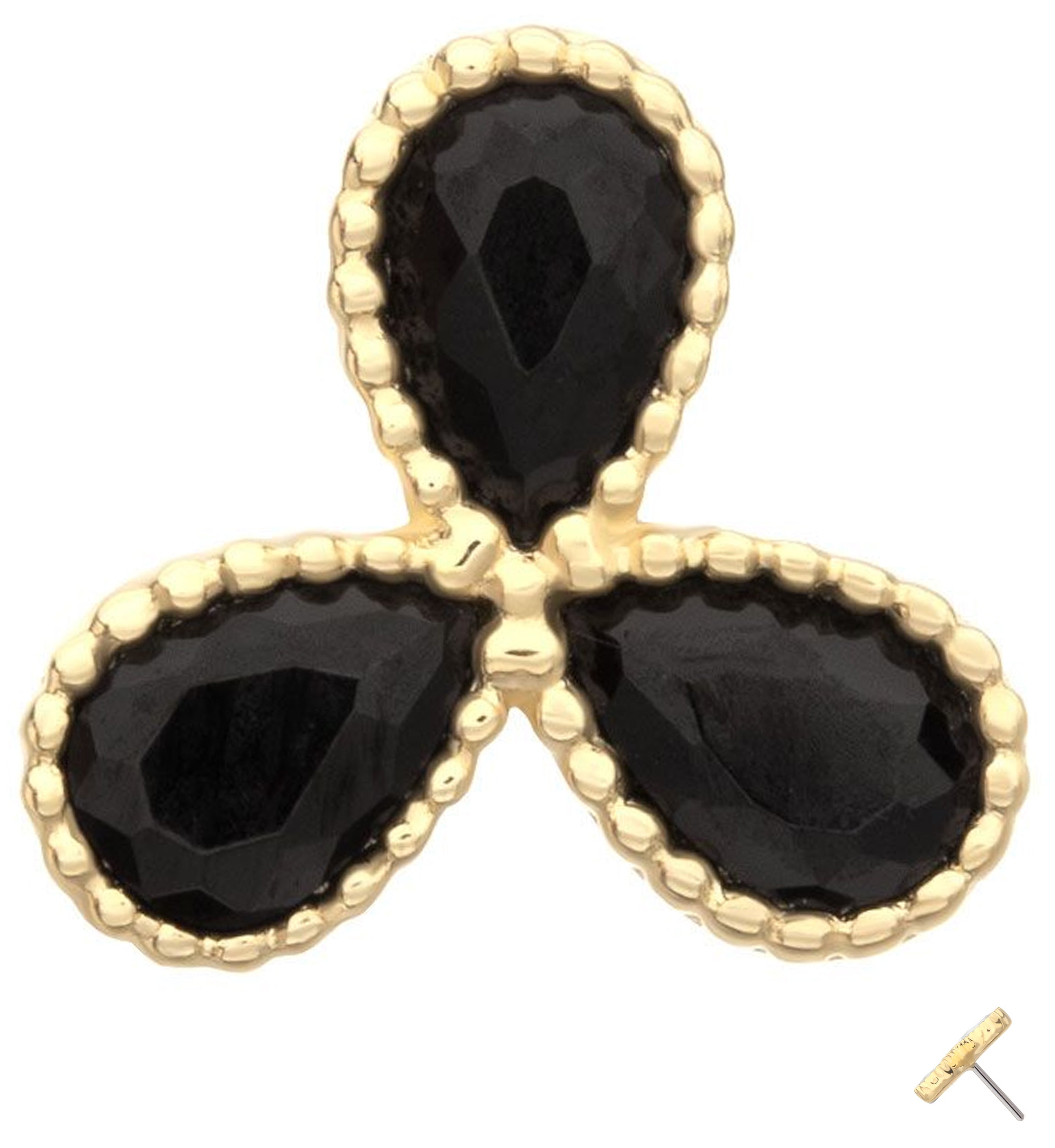 14kt Gold Triple Milgrain Teardrop Black CZ Threadless Top