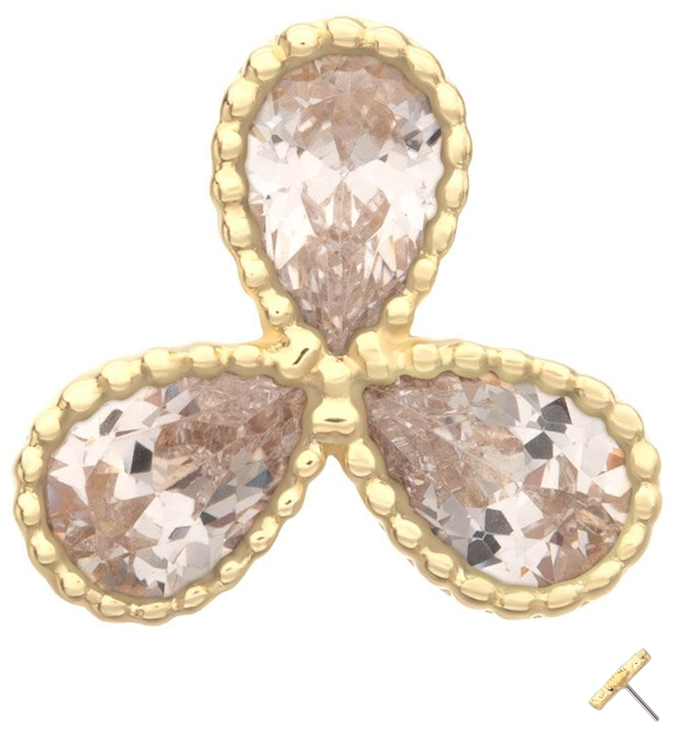 14kt Gold Triple Milgrain Teardrop Clear CZ Threadless Top