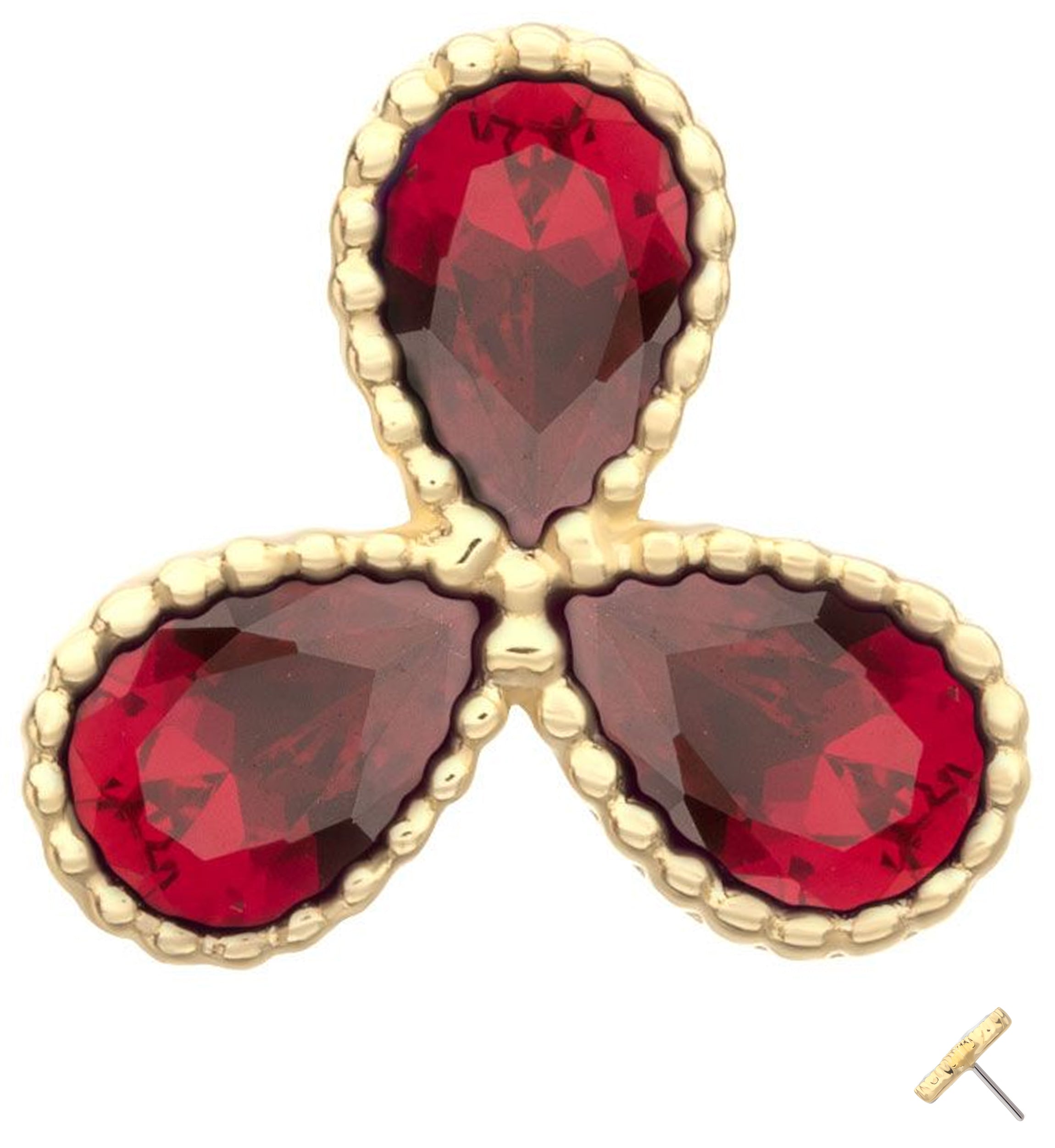 14kt Gold Triple Milgrain Teardrop Ruby CZ Threadless Top
