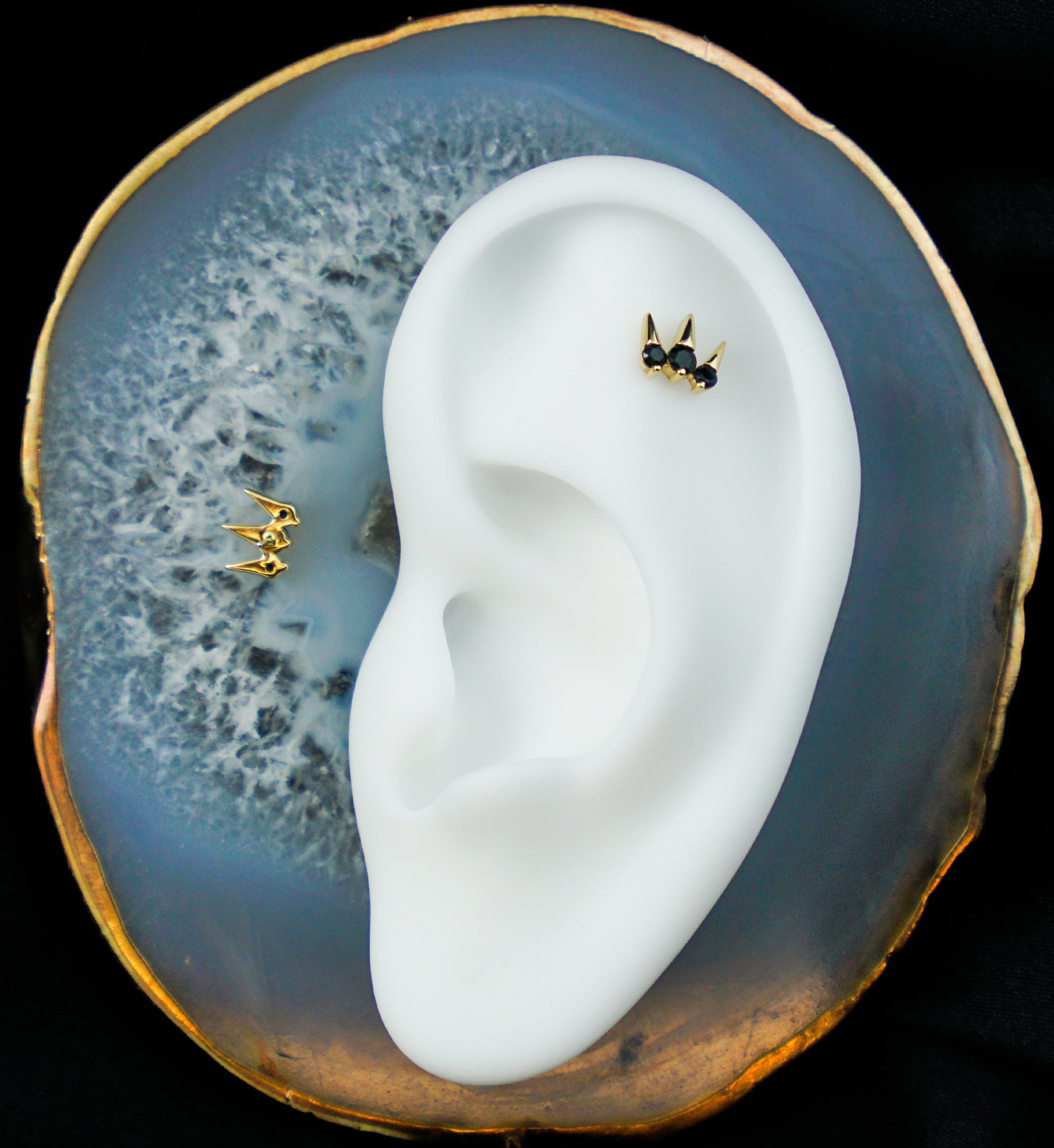 14kt Gold Triple Spike Black CZ Threadless Top