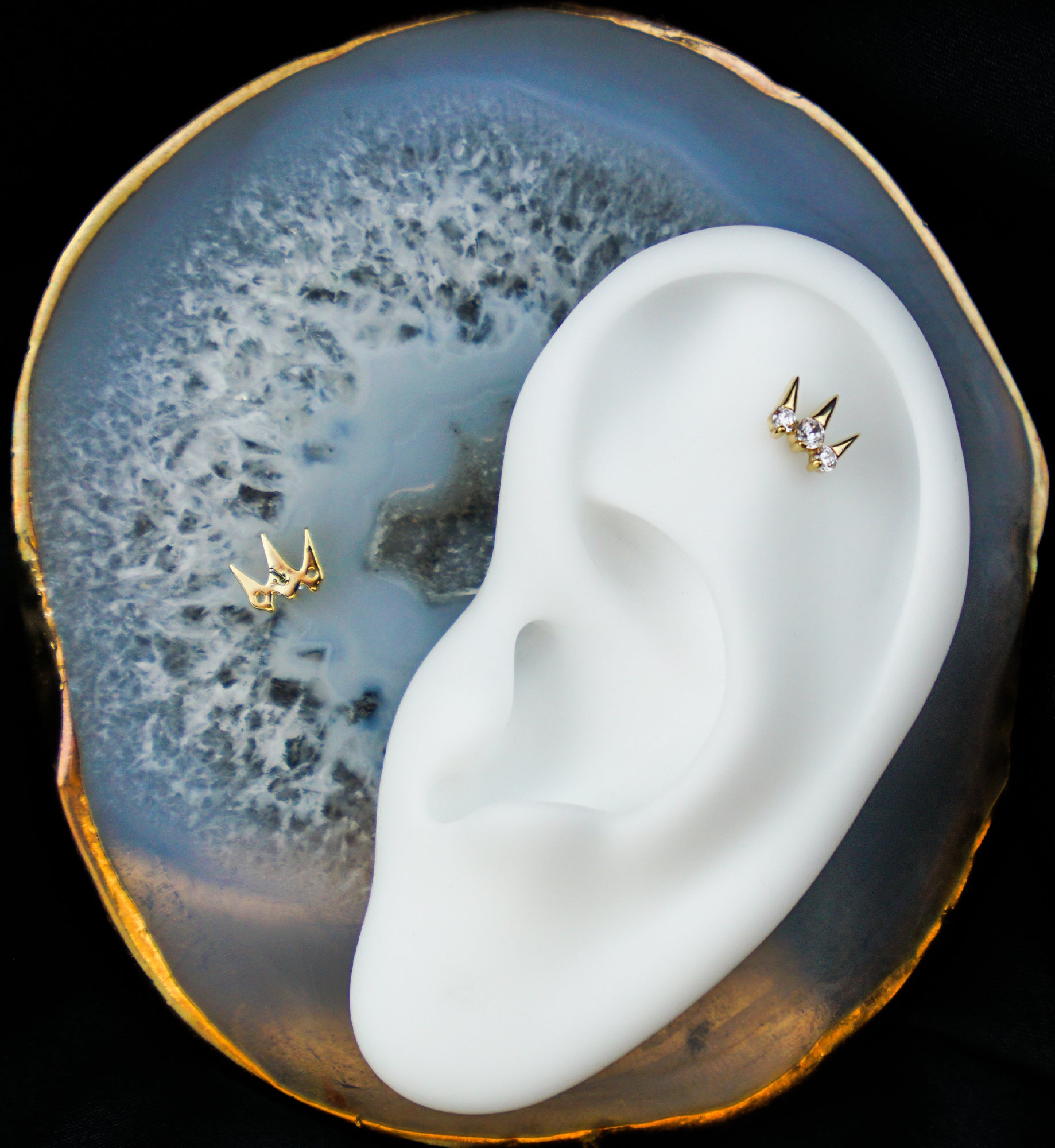 14kt Gold Triple Spike Clear CZ Threadless Top