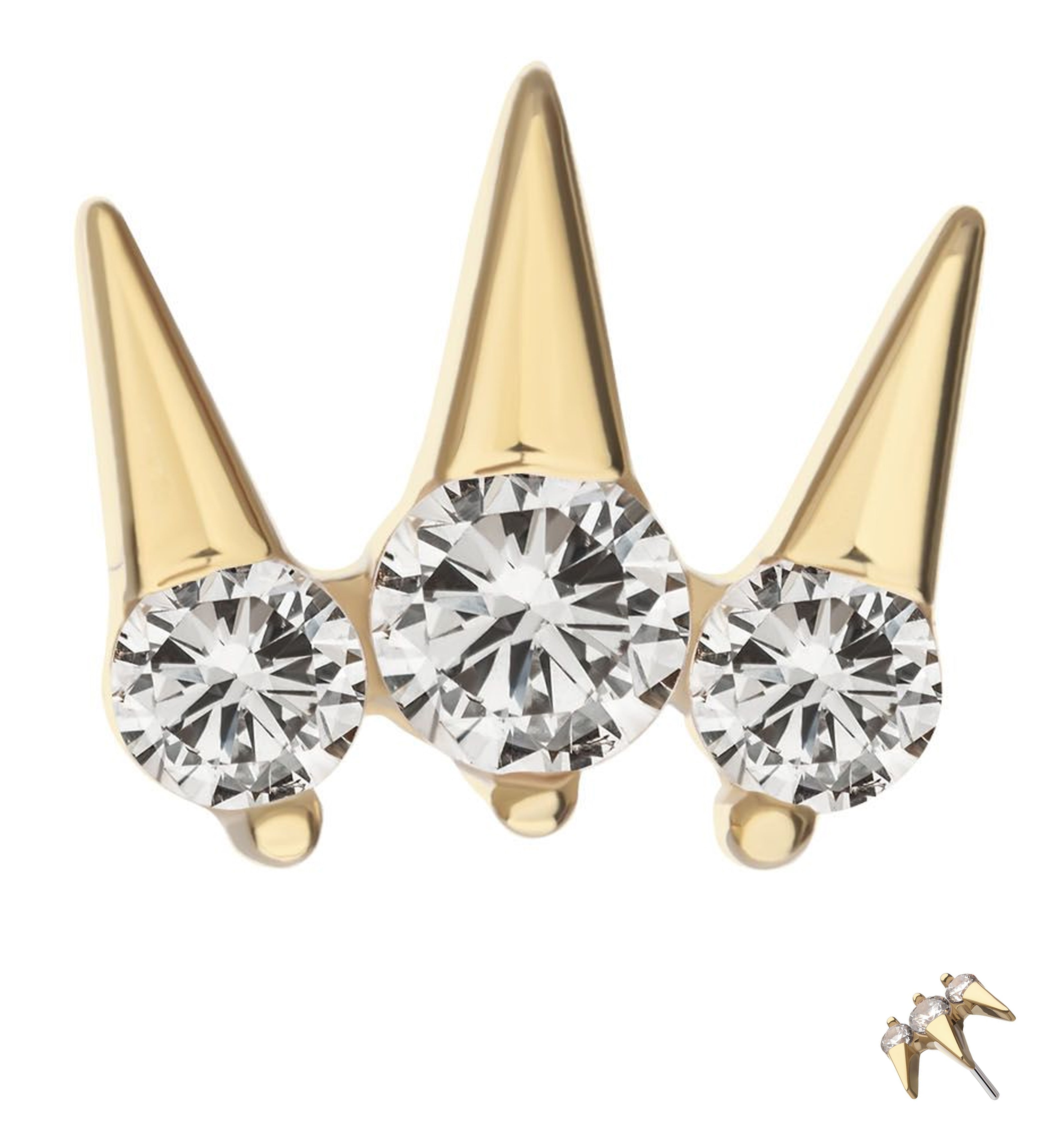 14kt Gold Triple Spike Clear CZ Threadless Top