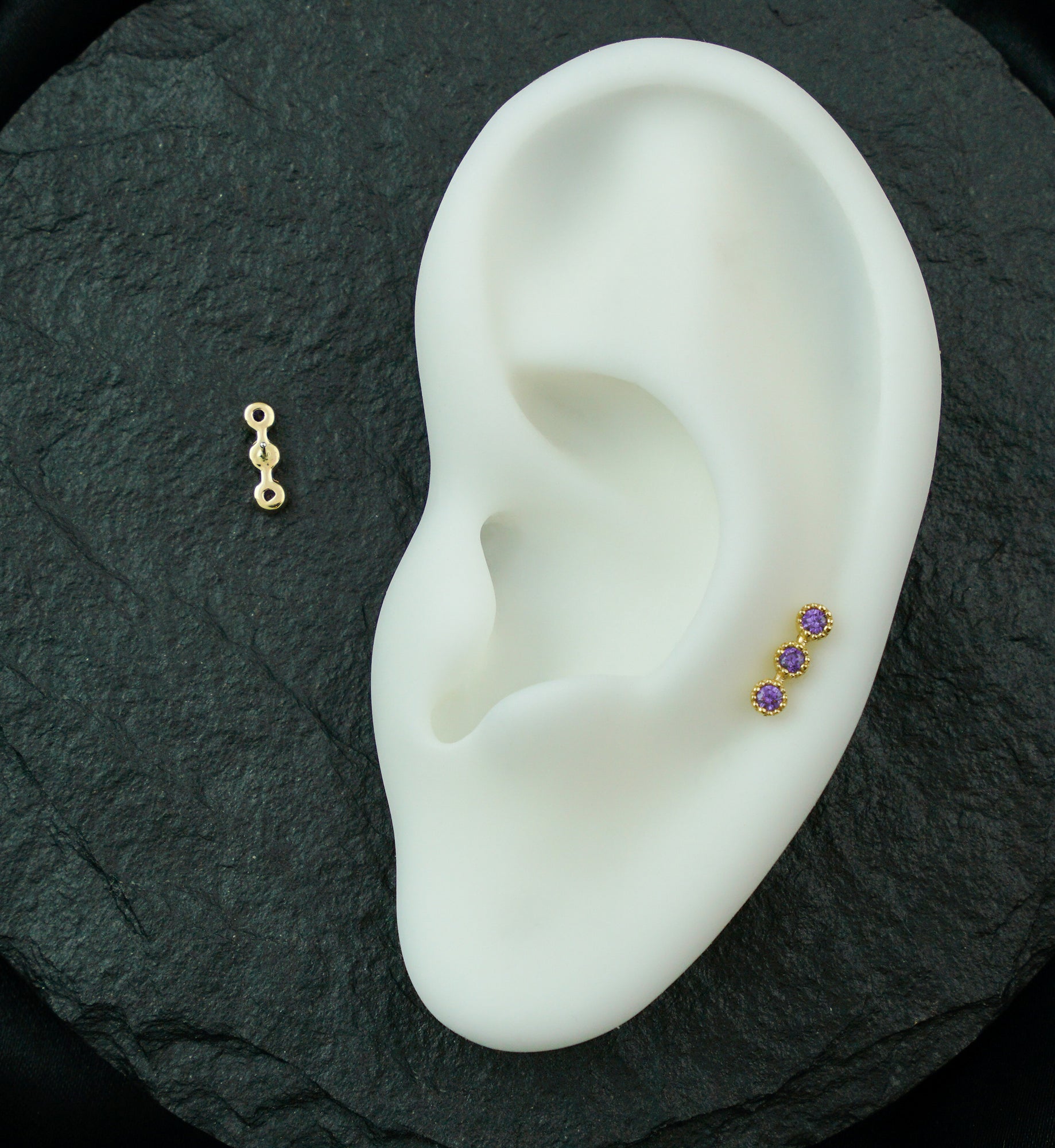 14kt Gold Triple Stacked Beaded Amethyst CZ Threadless Top