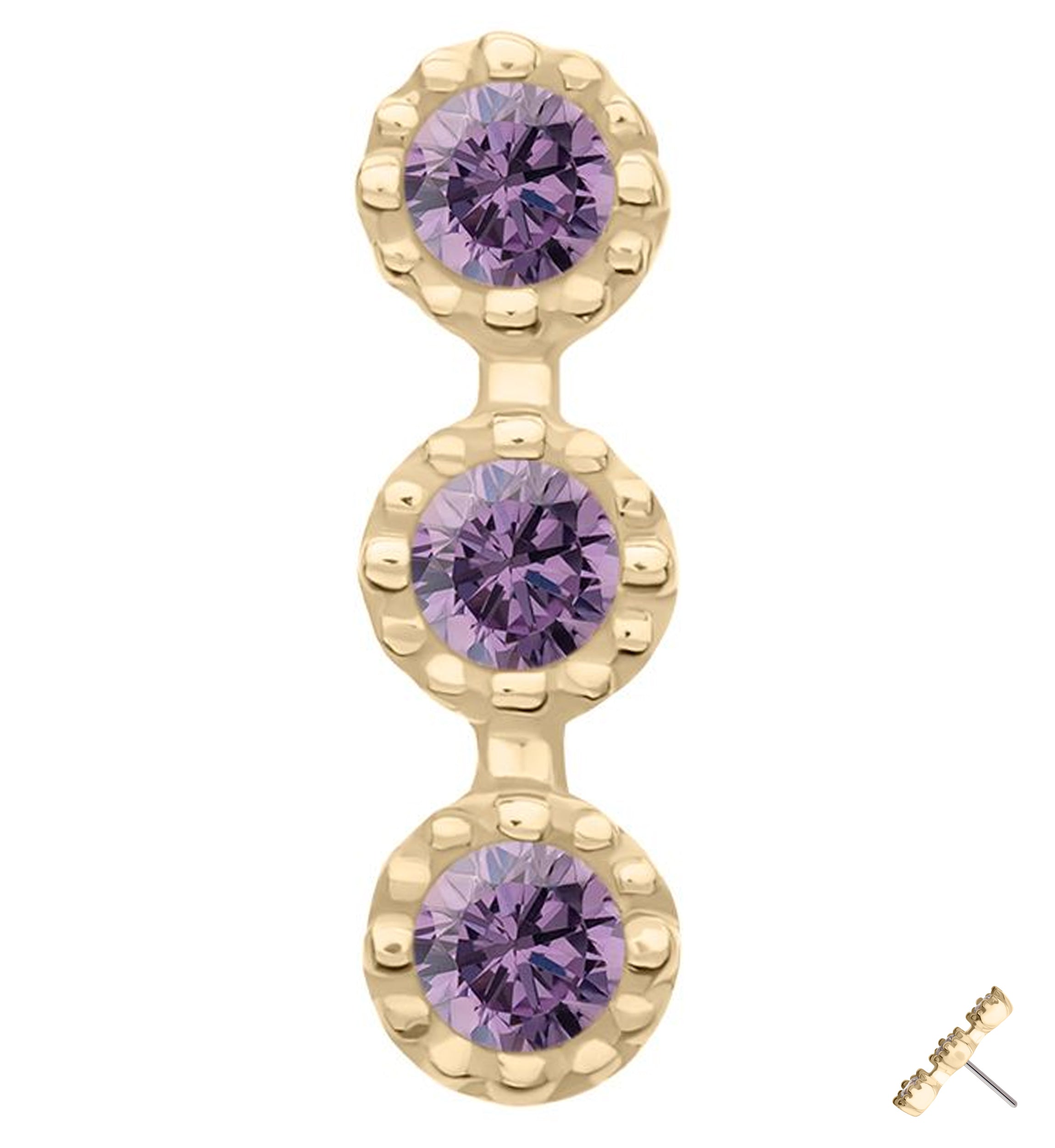14kt Gold Triple Stacked Beaded Amethyst CZ Threadless Top