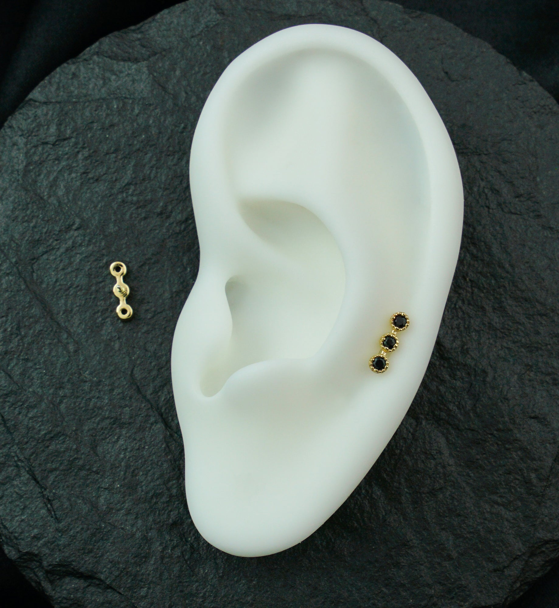 14kt Gold Triple Stacked Beaded Black CZ Threadless Top