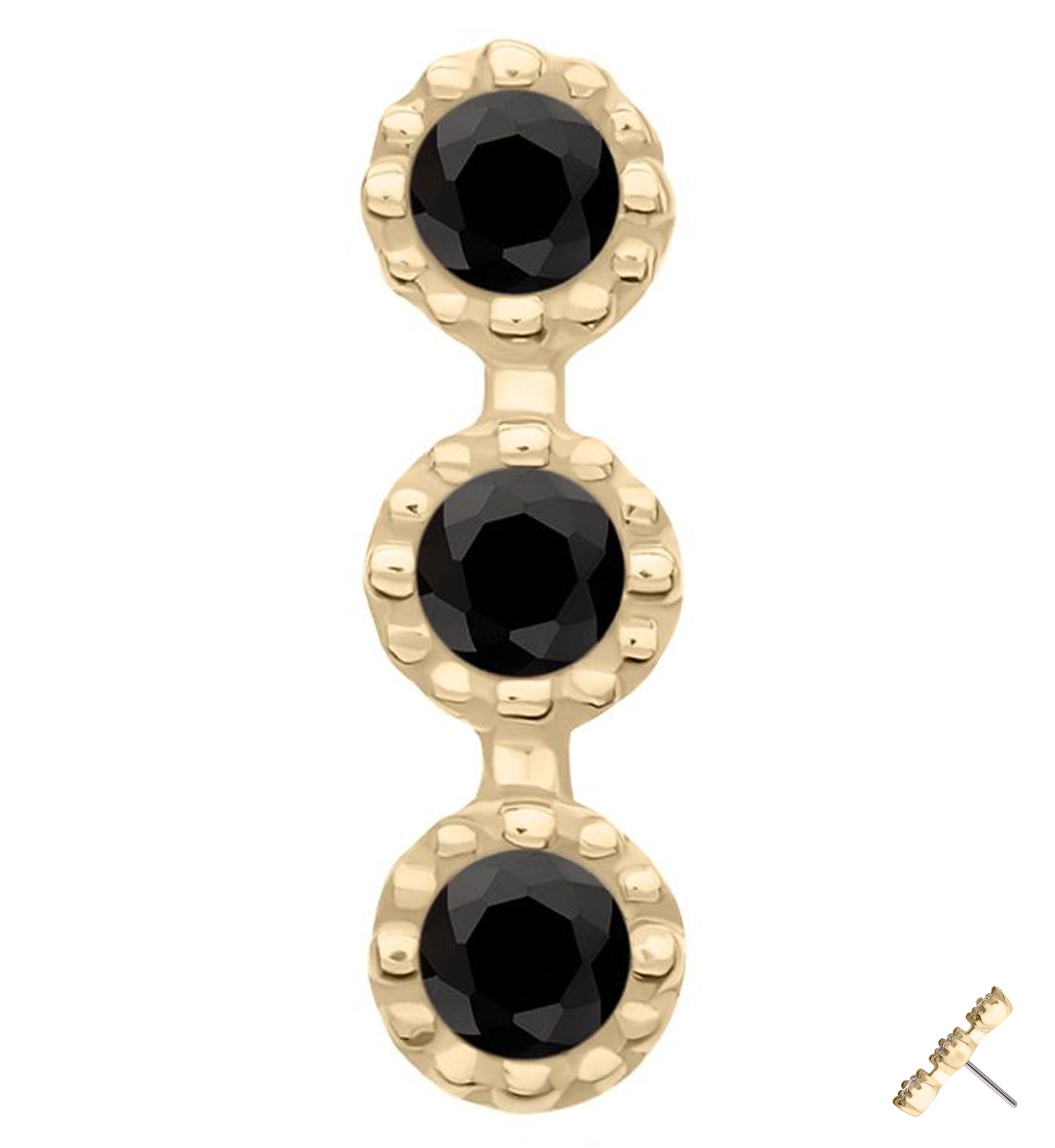 14kt Gold Triple Stacked Beaded Black CZ Threadless Top