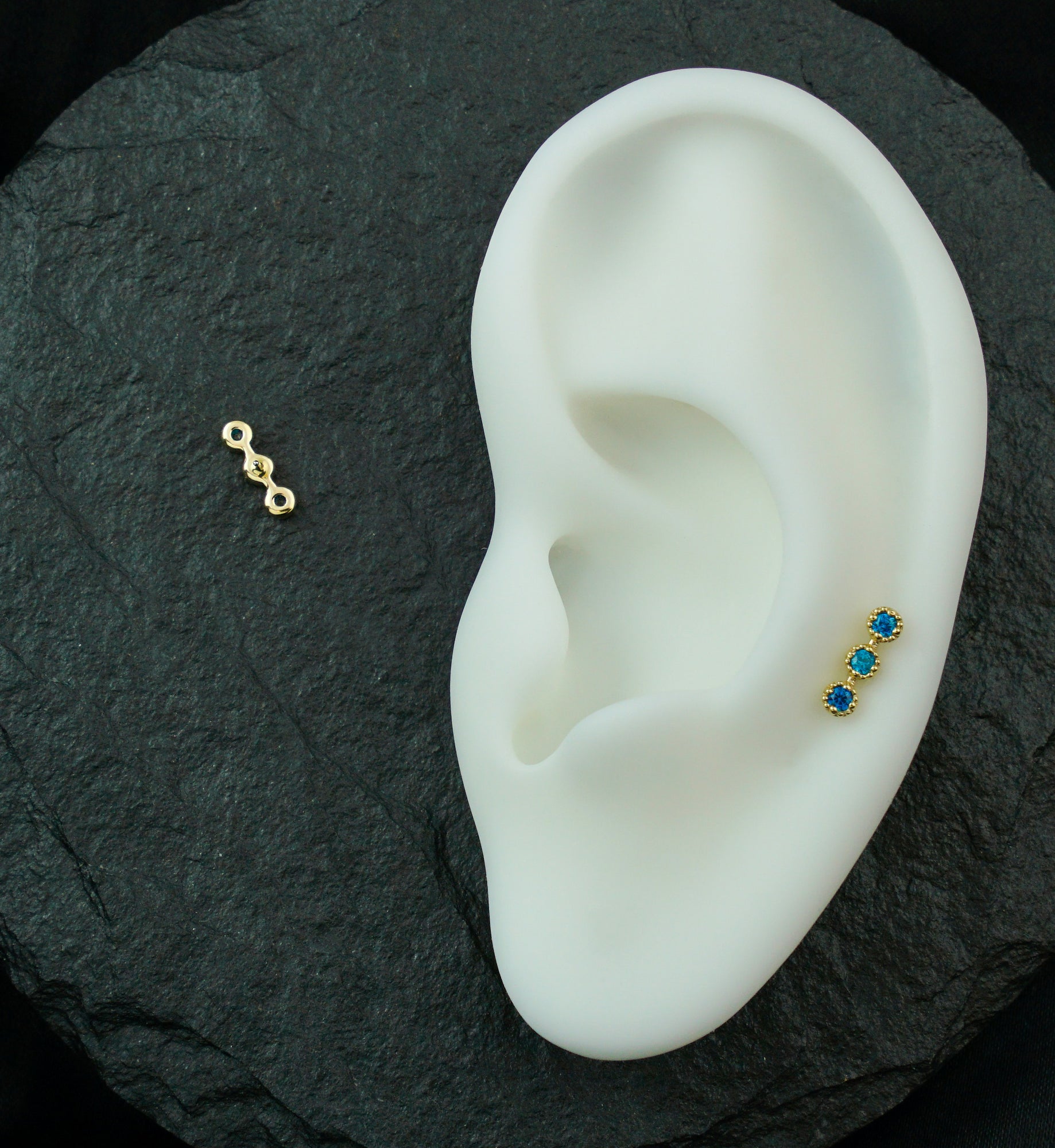 14kt Gold Triple Stacked Beaded Blue Topaz CZ Threadless Top