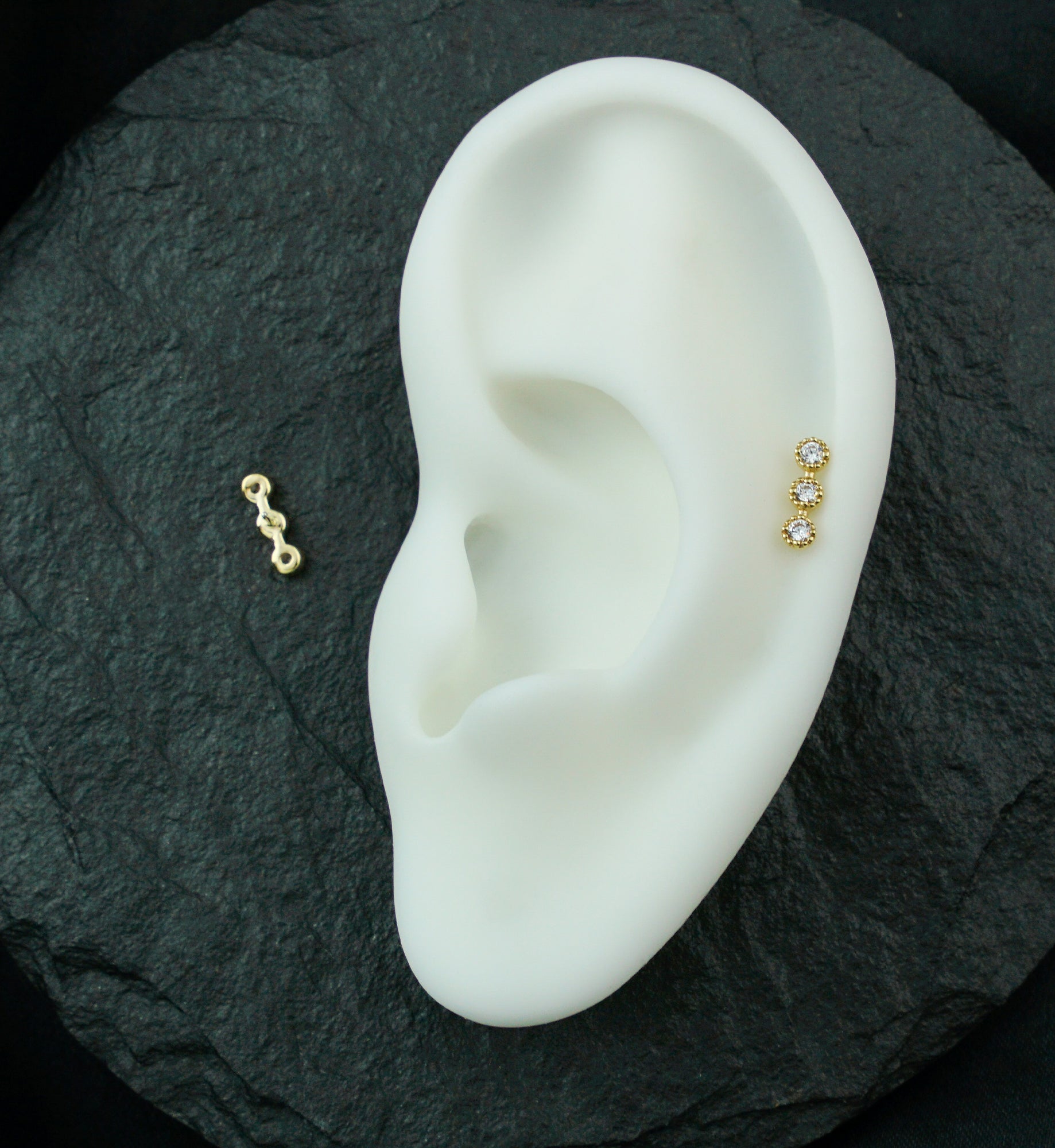 14kt Gold Triple Stacked Beaded Clear CZ Threadless Top