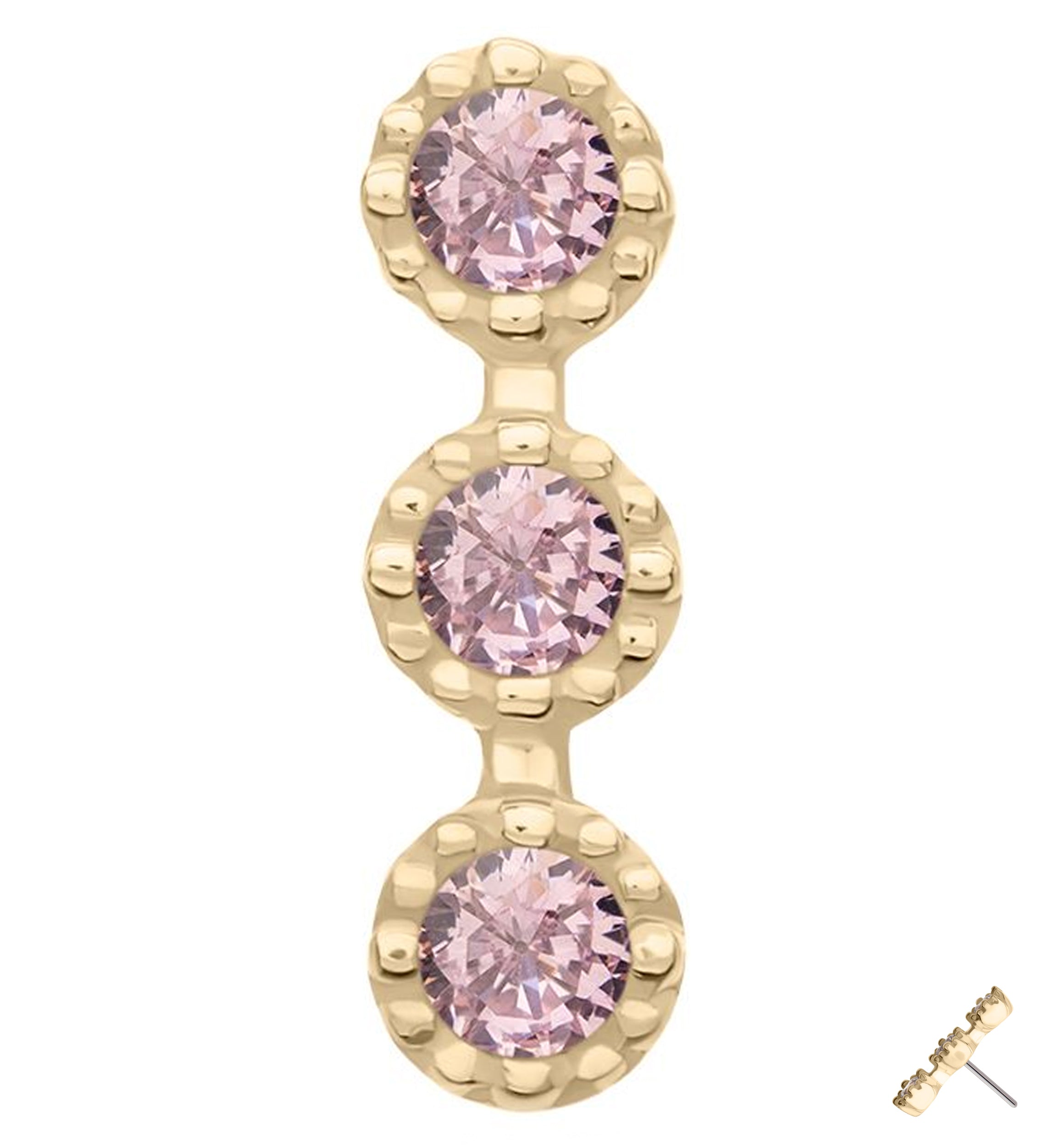 14kt Gold Triple Stacked Beaded Pink CZ Threadless Top