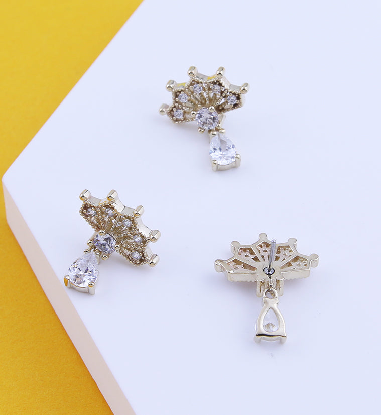 14kt Gold Vane Clear CZ Teardrop Dangle Threadless Top