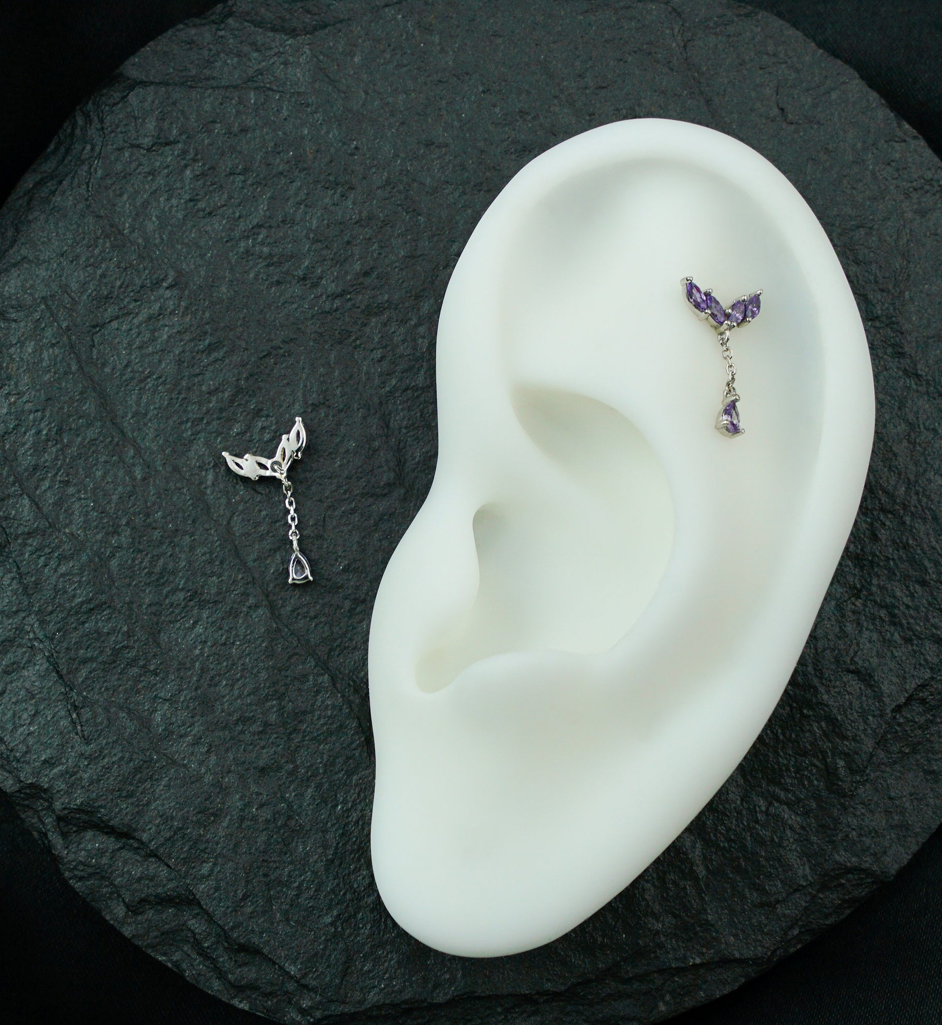 14kt White Gold Arrow Marquise Amethyst CZ Dangle Threadless Top