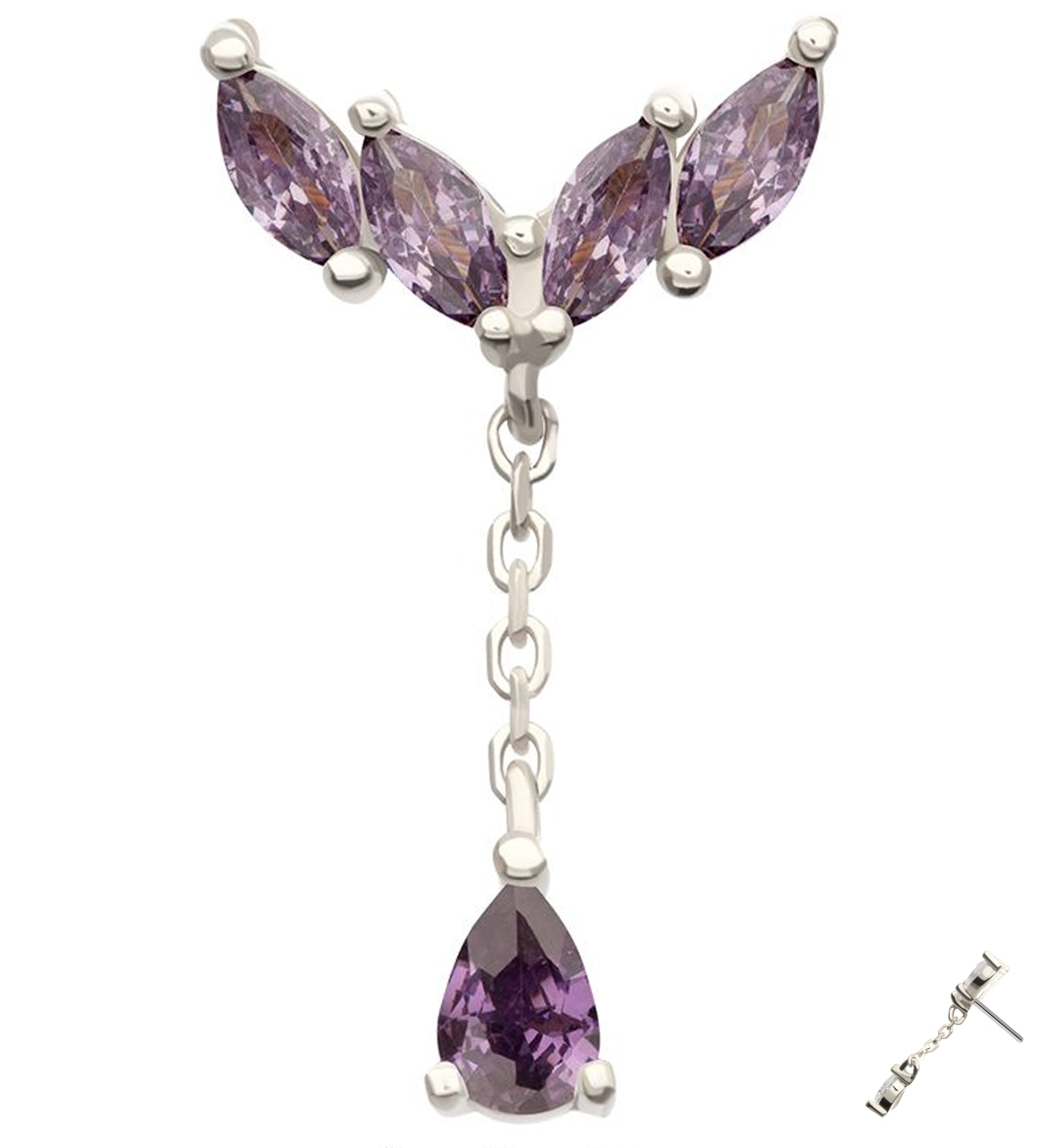 14kt White Gold Arrow Marquise Amethyst CZ Dangle Threadless Top