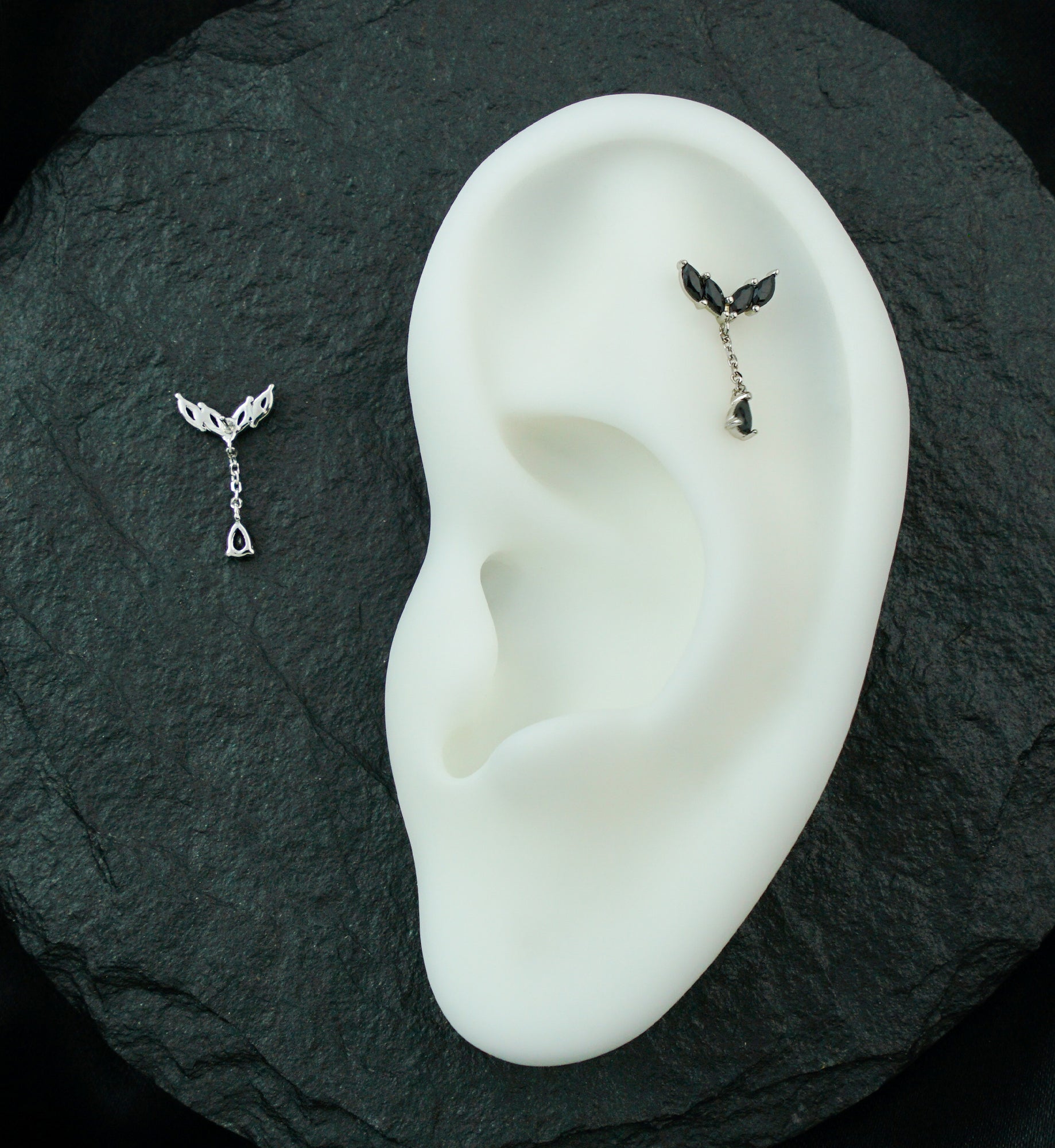 14kt White Gold Arrow Marquise Black CZ Dangle Threadless Top