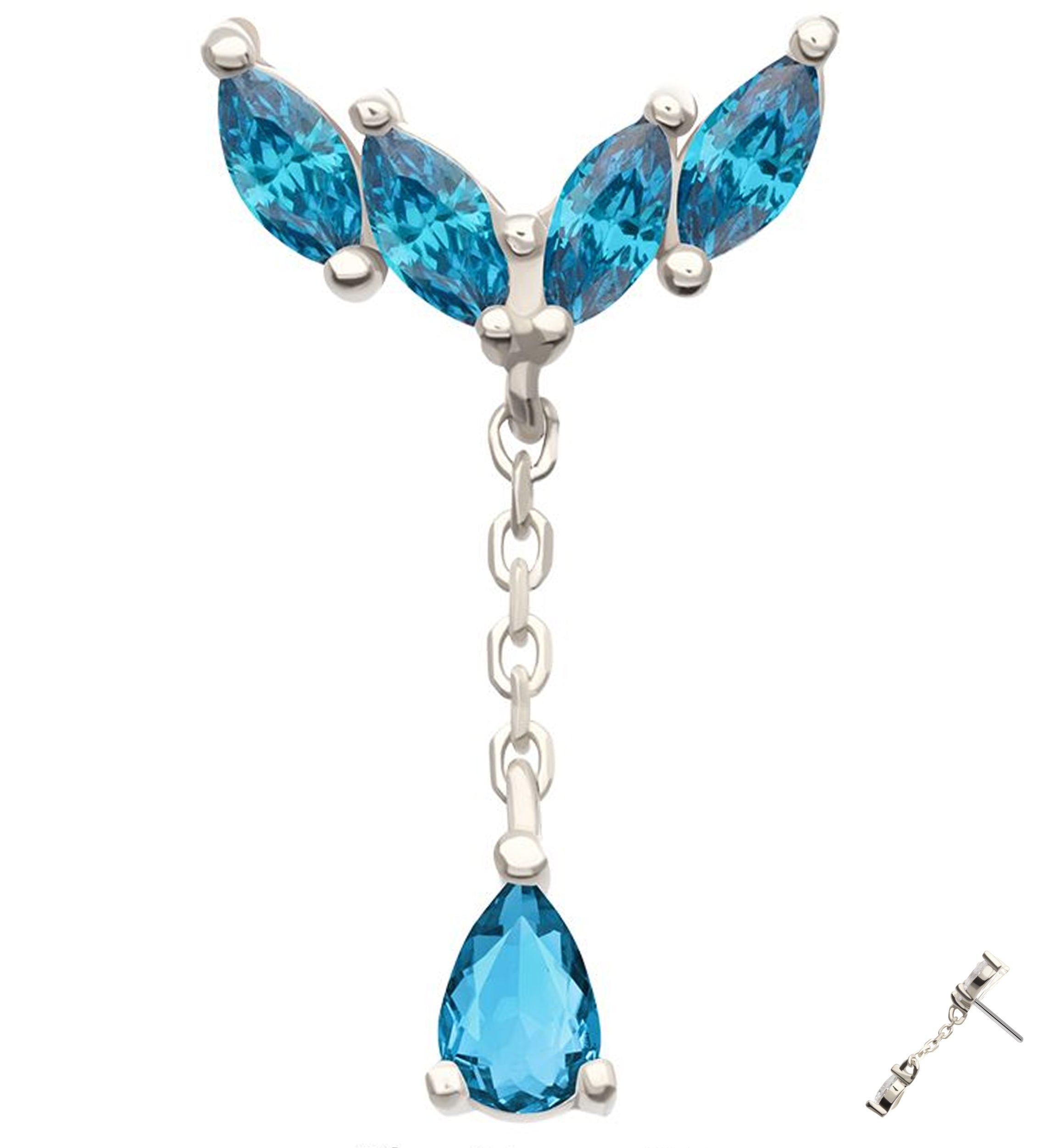 14kt White Gold Arrow Marquise Blue Topaz CZ Dangle Threadless Top