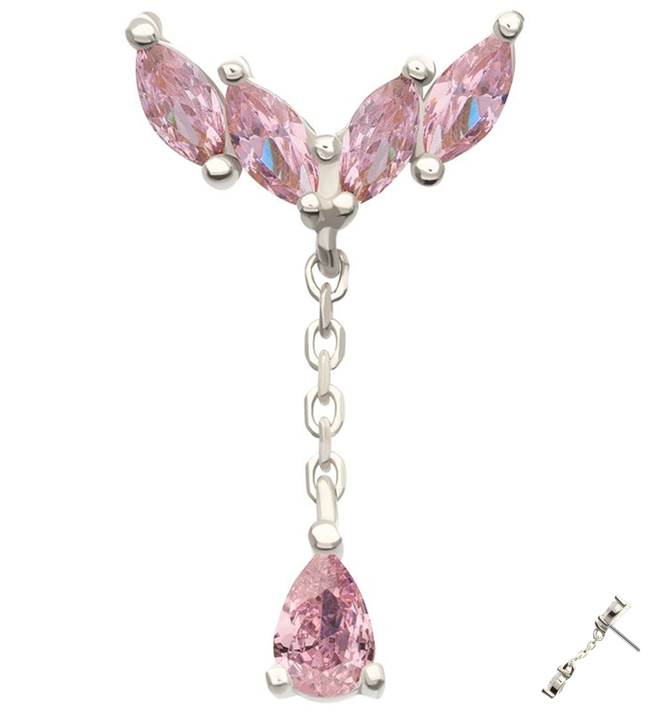 14kt White Gold Arrow Marquise Pink CZ Dangle Threadless Top