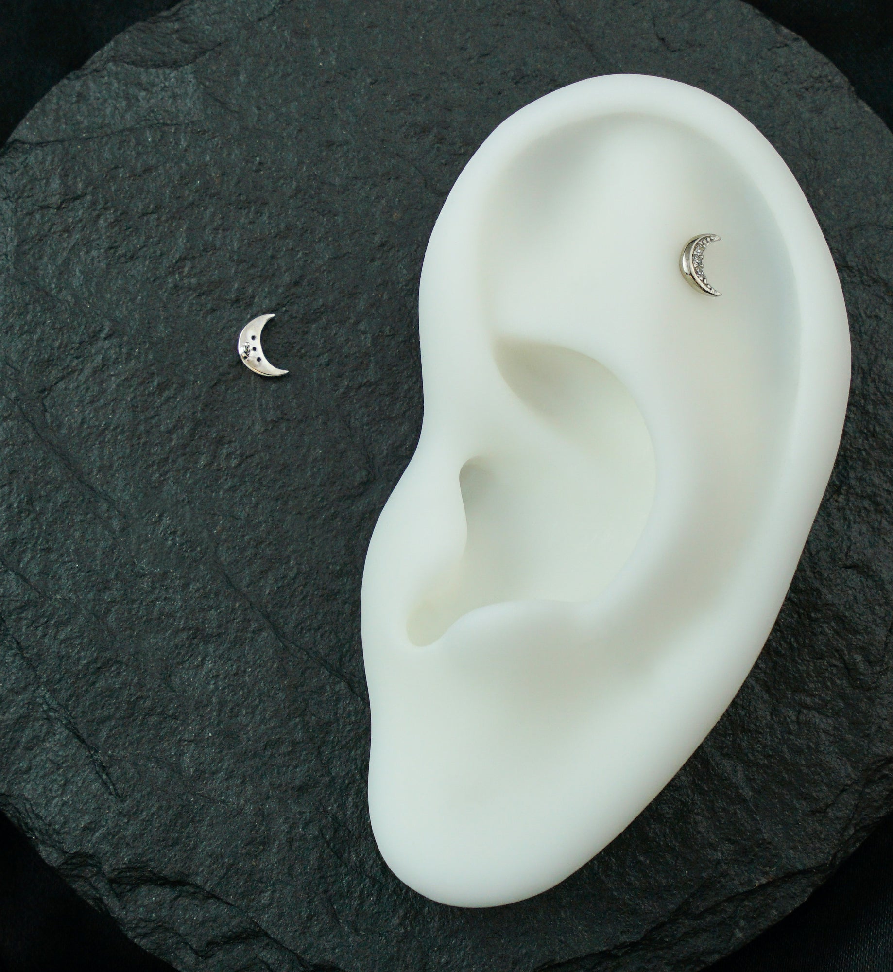 14kt White Gold Beaded Half Moon Clear CZ Threadless Top