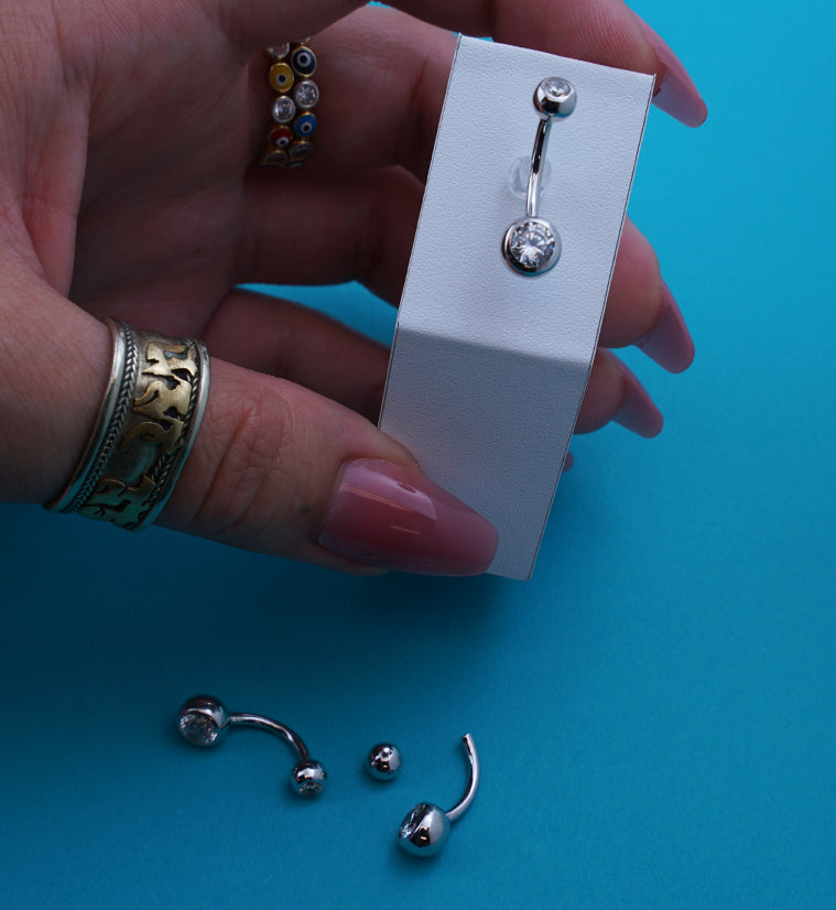 14kt White Gold Bezel Clear CZ Belly Button Ring