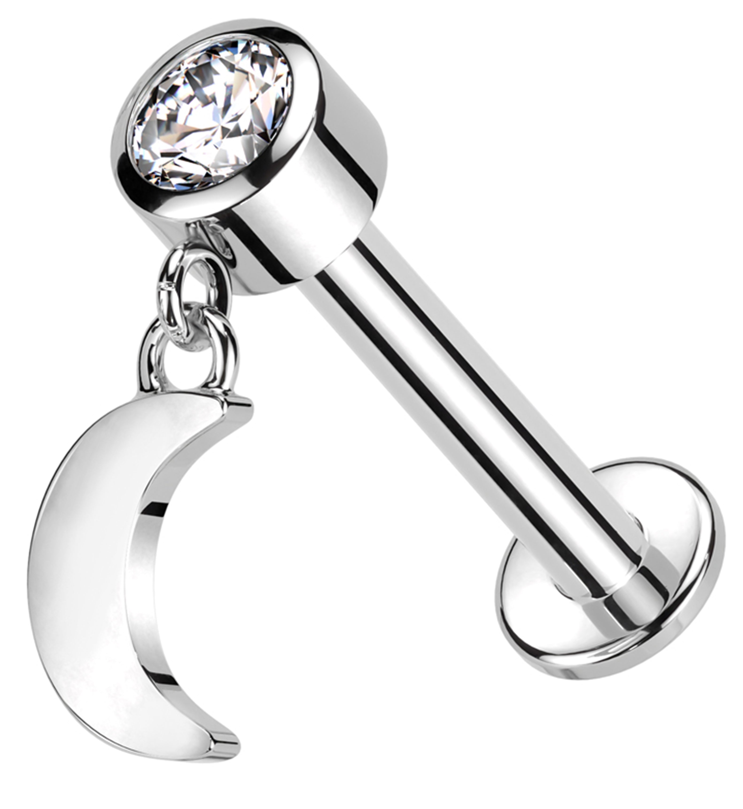 14kt White Gold Dangle Half Moon Clear CZ Internally Threaded Labret