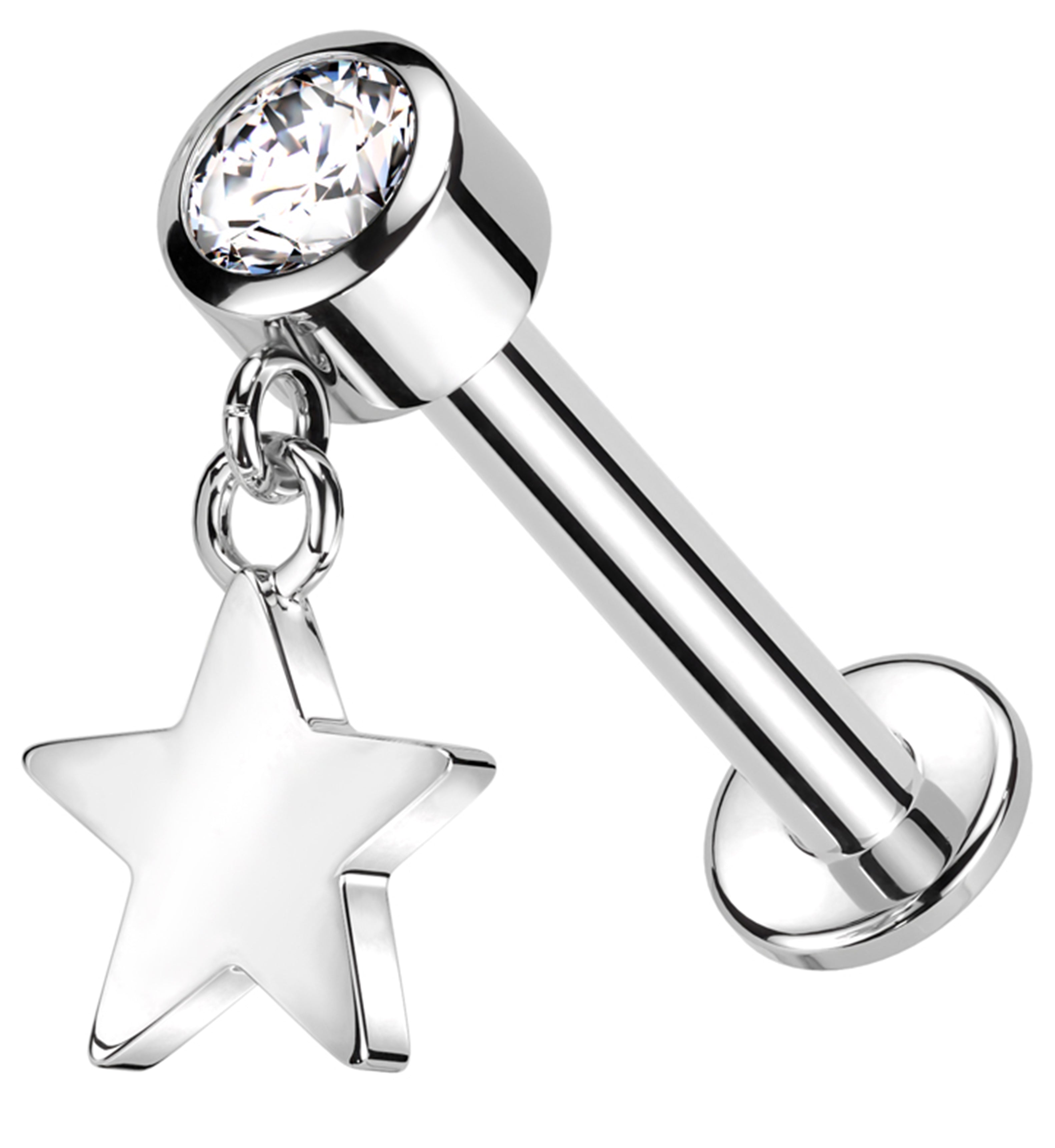 14kt White Gold Dangle Star Clear CZ Internally Threaded Labret